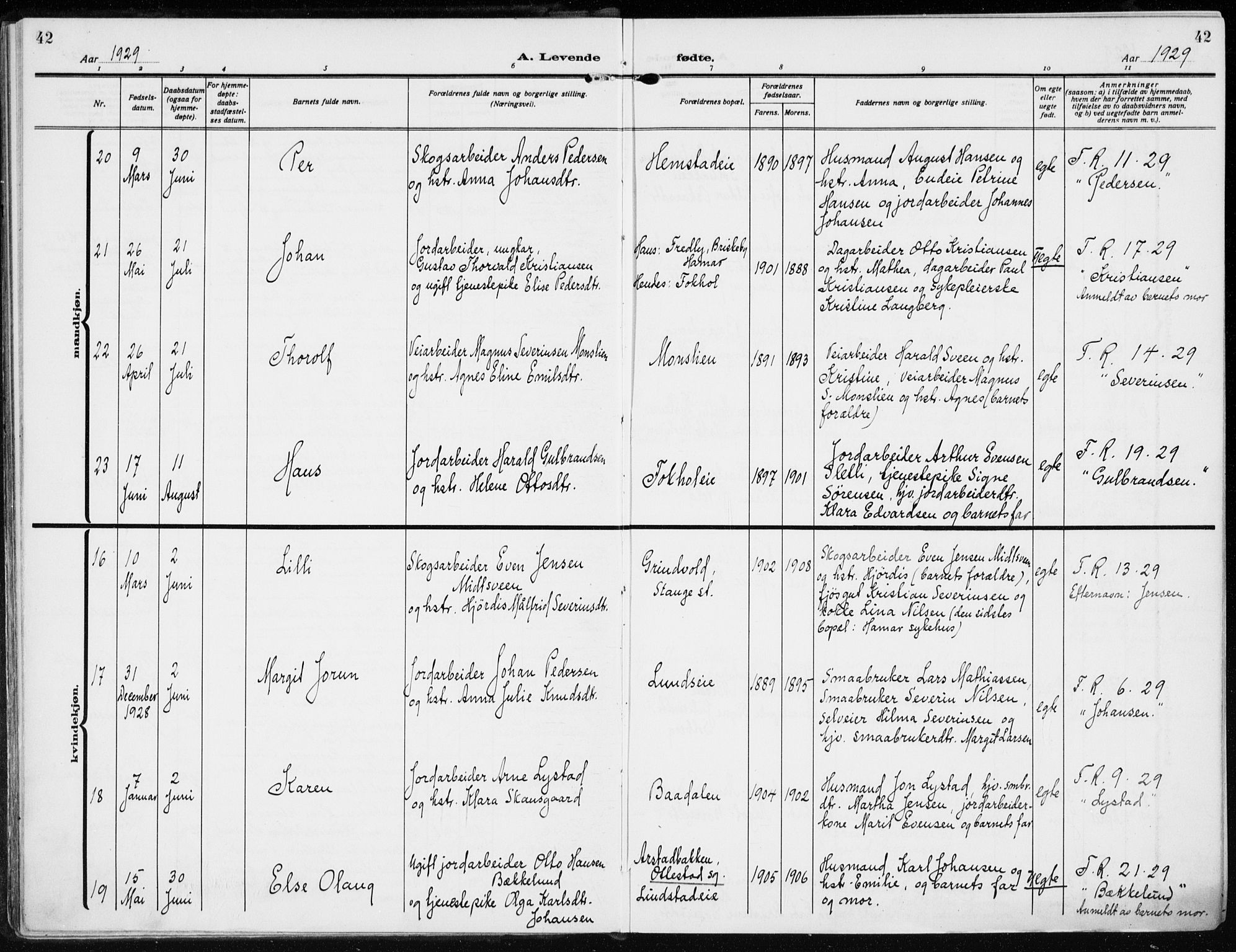 Stange prestekontor, AV/SAH-PREST-002/K/L0026: Parish register (official) no. 26, 1923-1937, p. 42