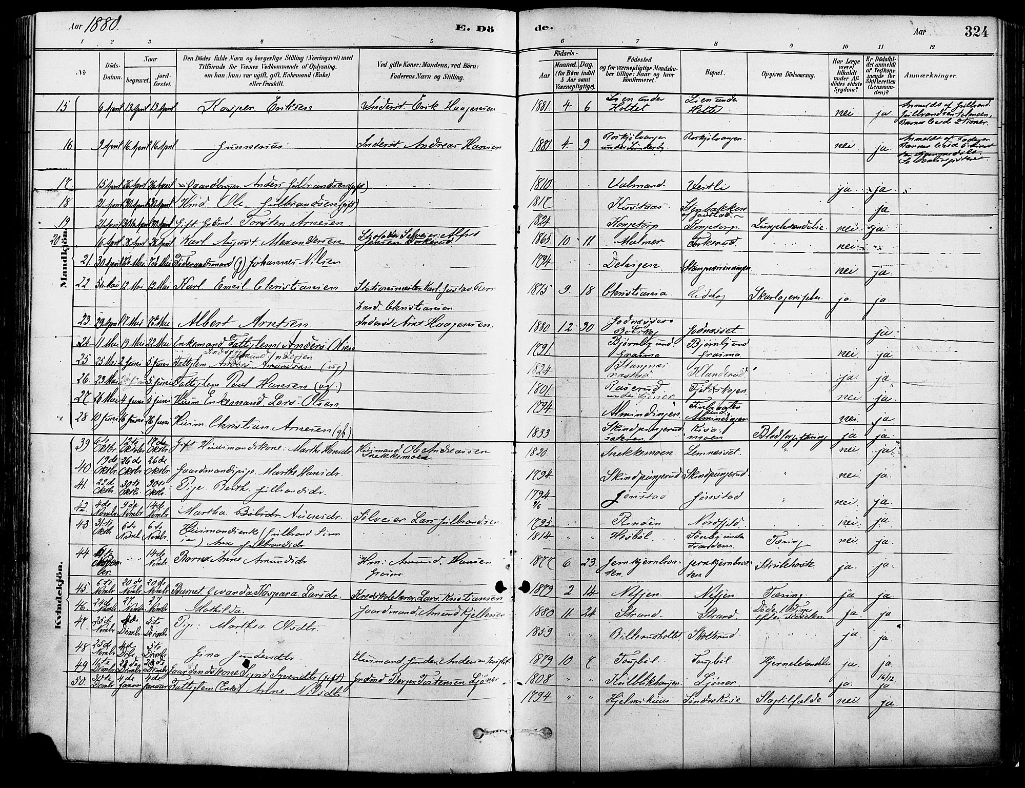Eidskog prestekontor, AV/SAH-PREST-026/H/Ha/Haa/L0003: Parish register (official) no. 3, 1879-1892, p. 324