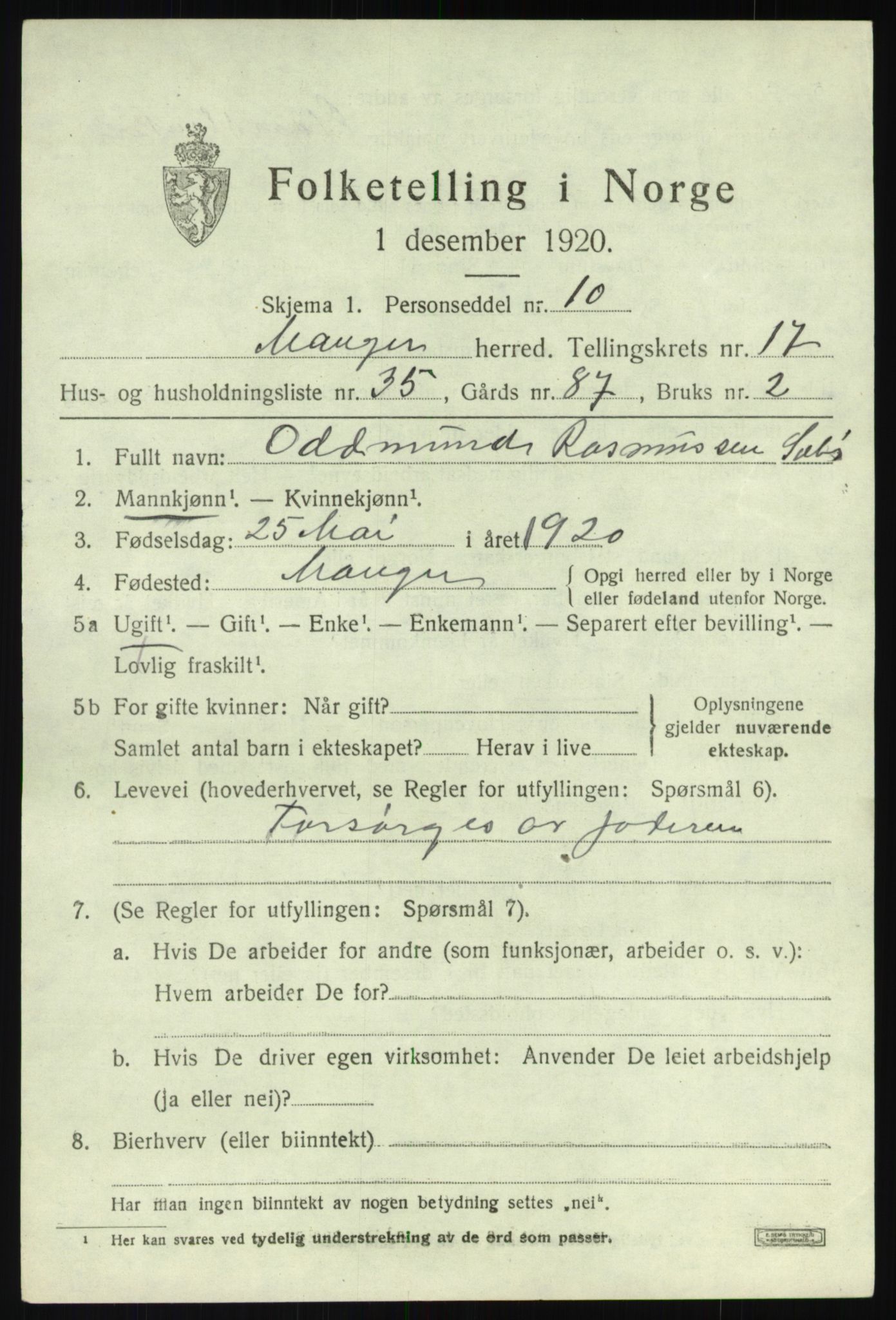 SAB, 1920 census for Manger, 1920, p. 10010