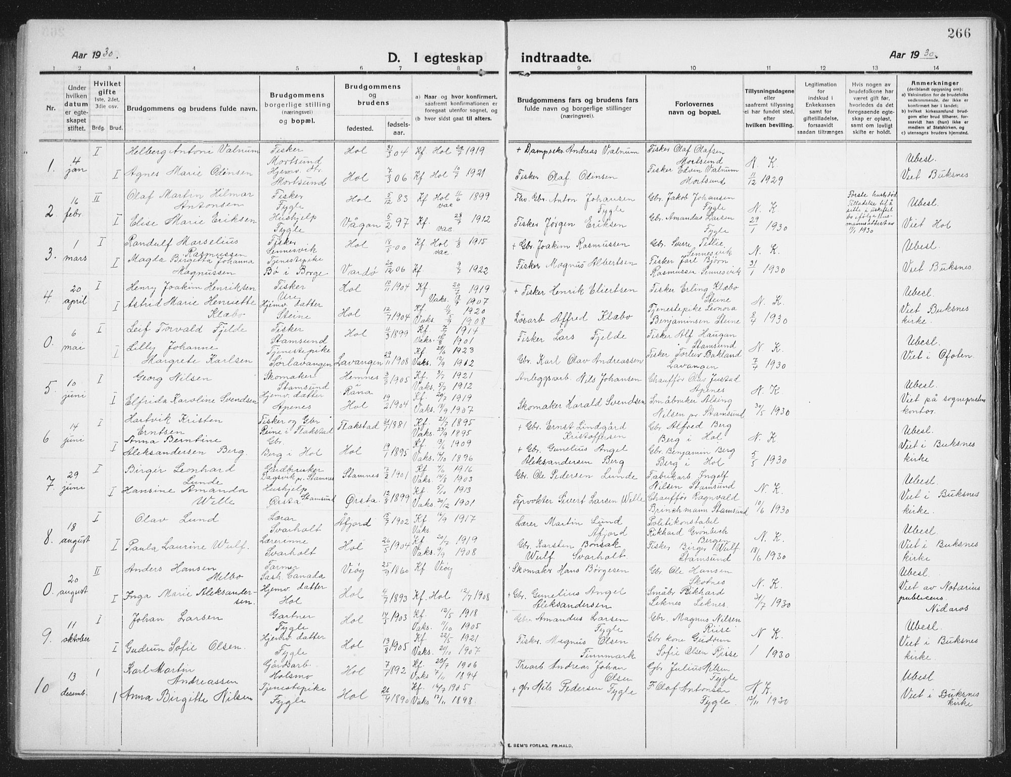 Ministerialprotokoller, klokkerbøker og fødselsregistre - Nordland, AV/SAT-A-1459/882/L1183: Parish register (copy) no. 882C01, 1911-1938, p. 266