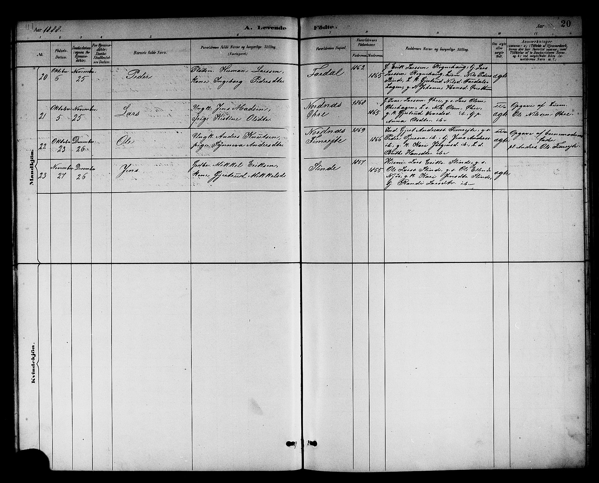 Sogndal sokneprestembete, AV/SAB-A-81301/H/Hab/Habc/L0002: Parish register (copy) no. C 2, 1884-1910, p. 20