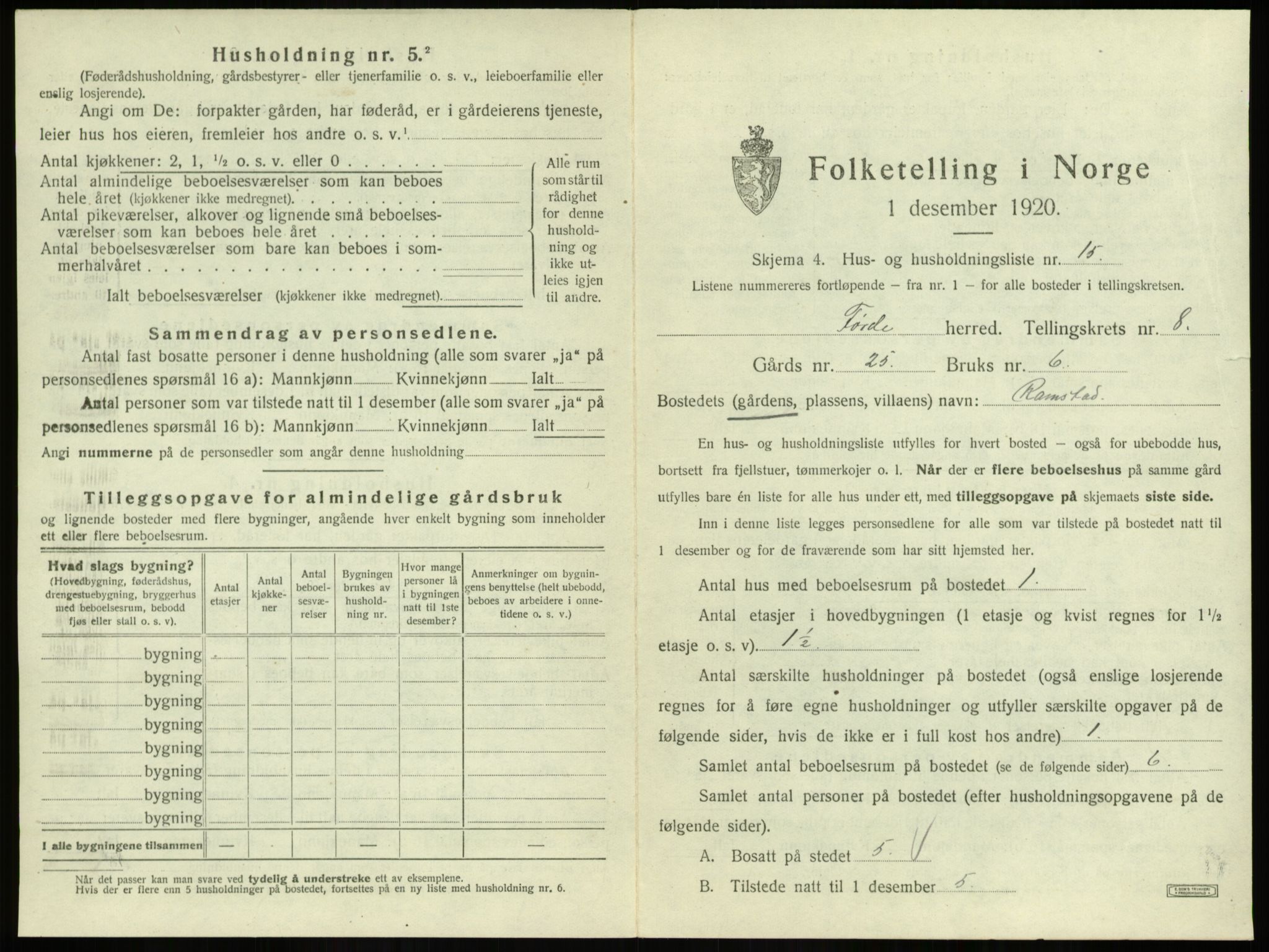 SAB, 1920 census for Førde, 1920, p. 466