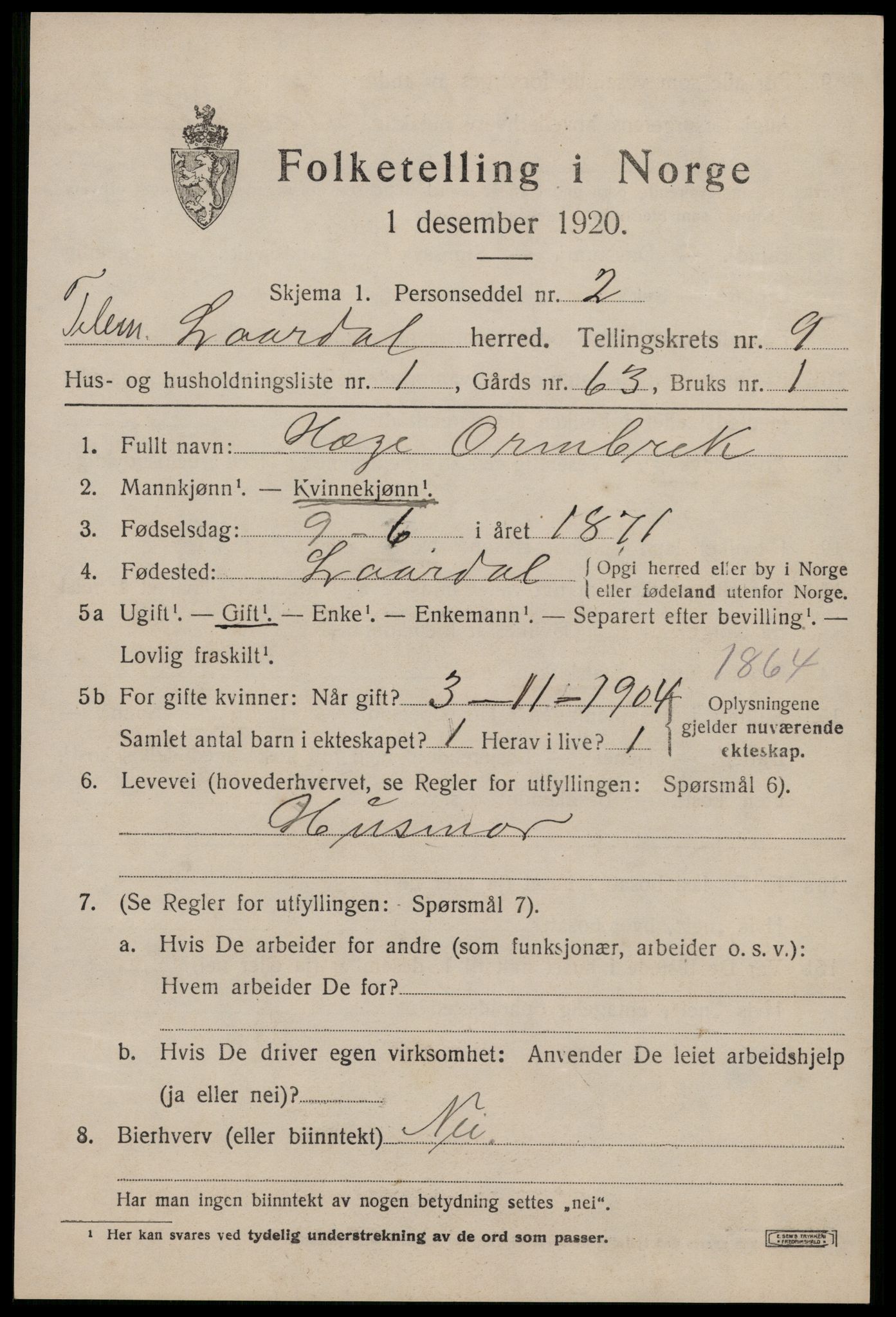 SAKO, 1920 census for Lårdal, 1920, p. 3177