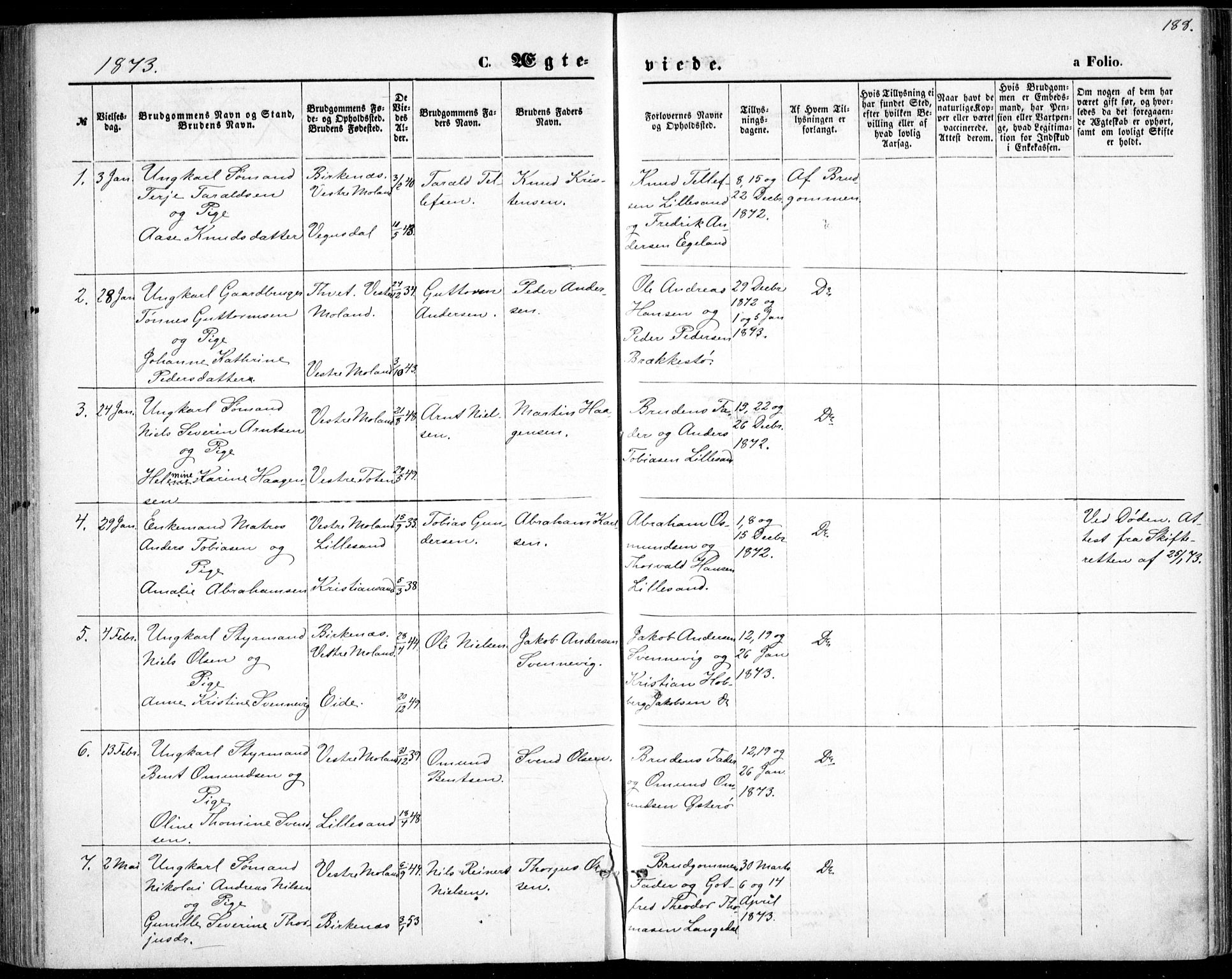 Vestre Moland sokneprestkontor, SAK/1111-0046/F/Fb/Fbb/L0005: Parish register (copy) no. B 5, 1872-1883, p. 188