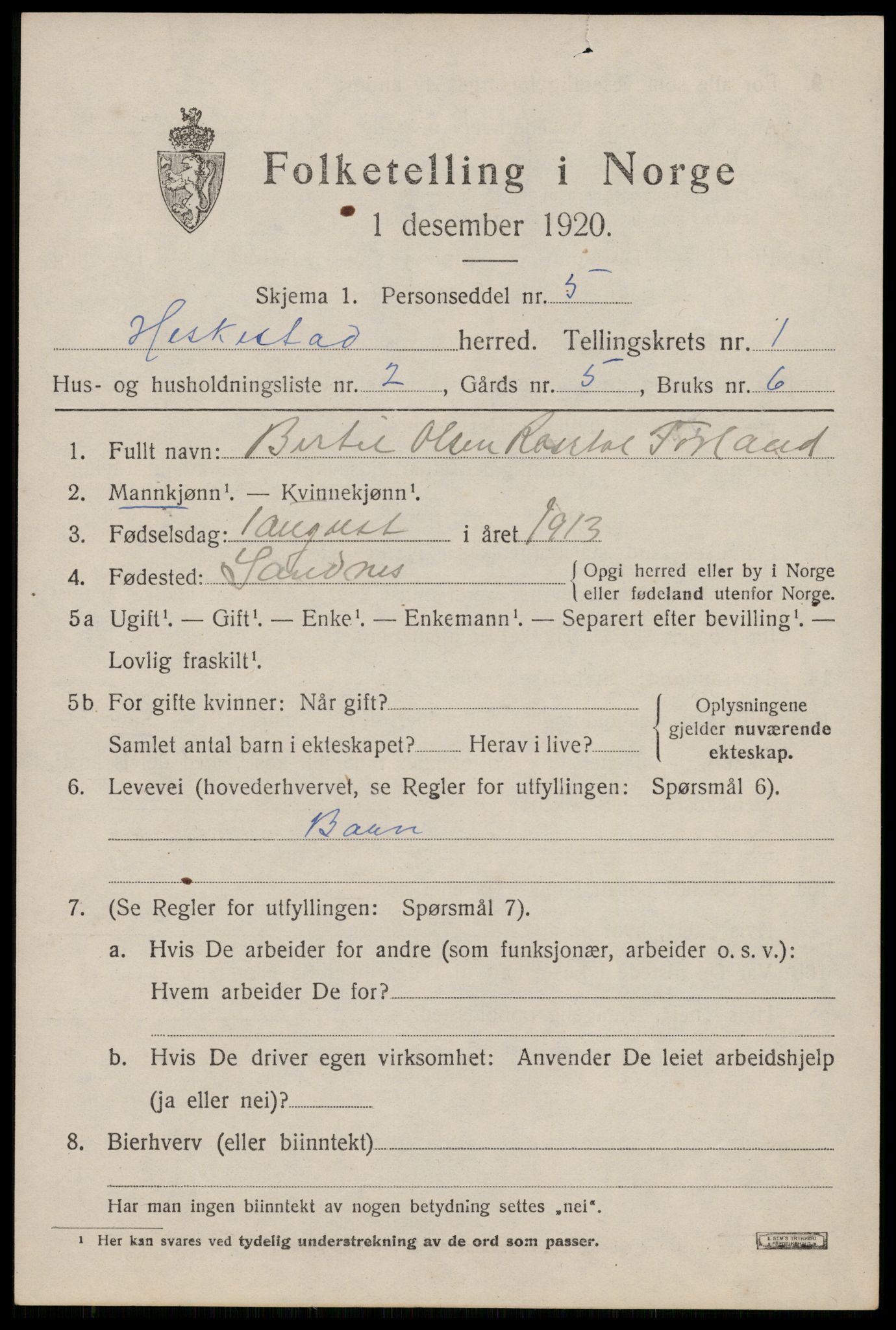 SAST, 1920 census for Heskestad, 1920, p. 387