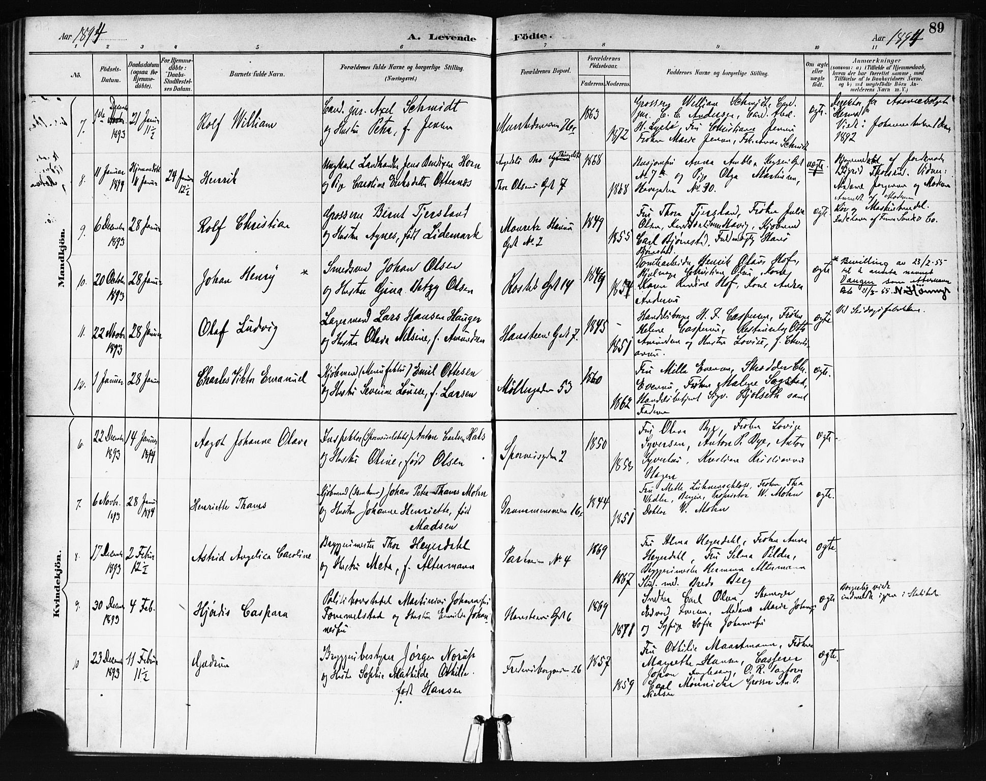 Trefoldighet prestekontor Kirkebøker, AV/SAO-A-10882/F/Fa/L0006: Parish register (official) no. I 6, 1891-1899, p. 89