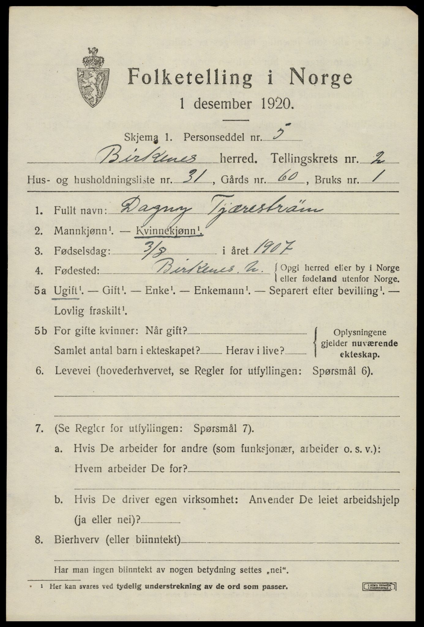 SAK, 1920 census for Birkenes, 1920, p. 1417