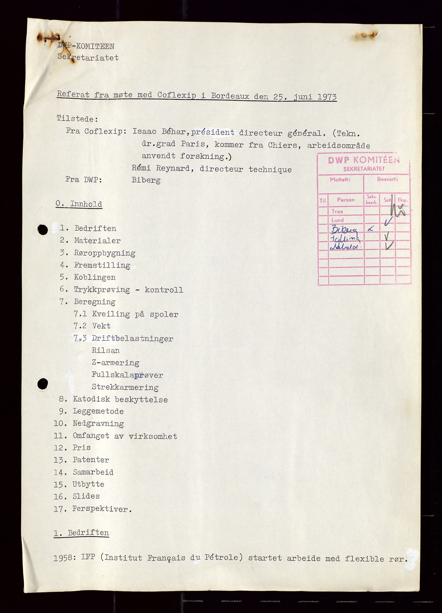 Industridepartementet, Oljekontoret, AV/SAST-A-101348/Di/L0001: DWP, møter juni - november, komiteemøter nr. 19 - 26, 1973-1974, p. 426