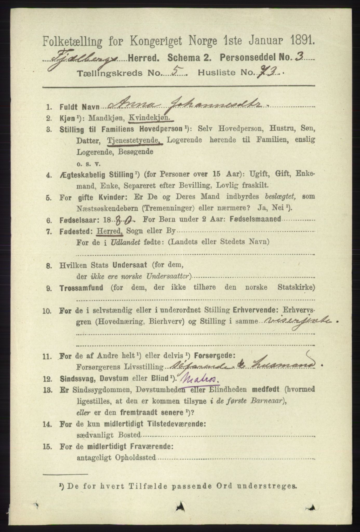 RA, 1891 census for 1213 Fjelberg, 1891, p. 1878