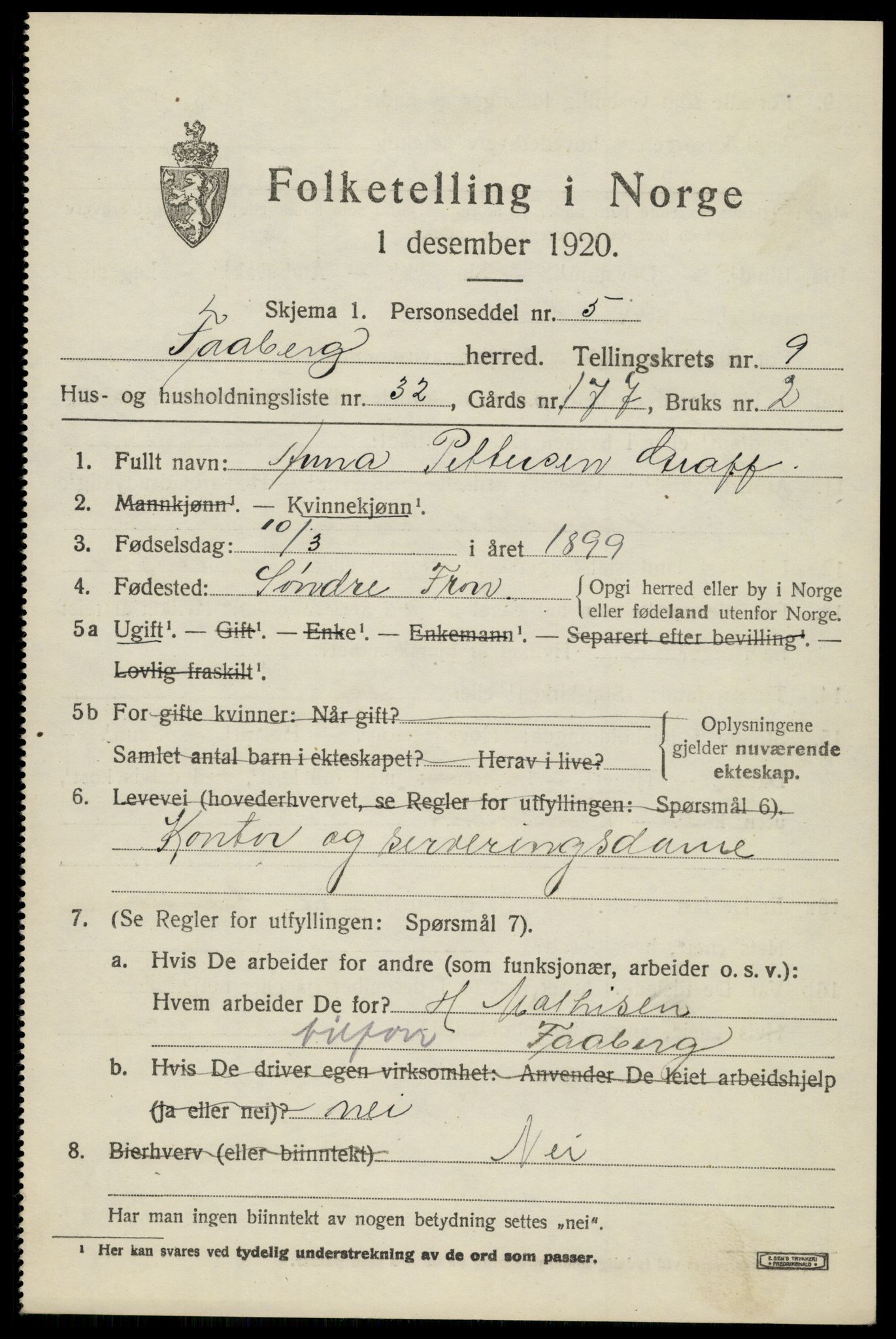 SAH, 1920 census for Fåberg, 1920, p. 10462