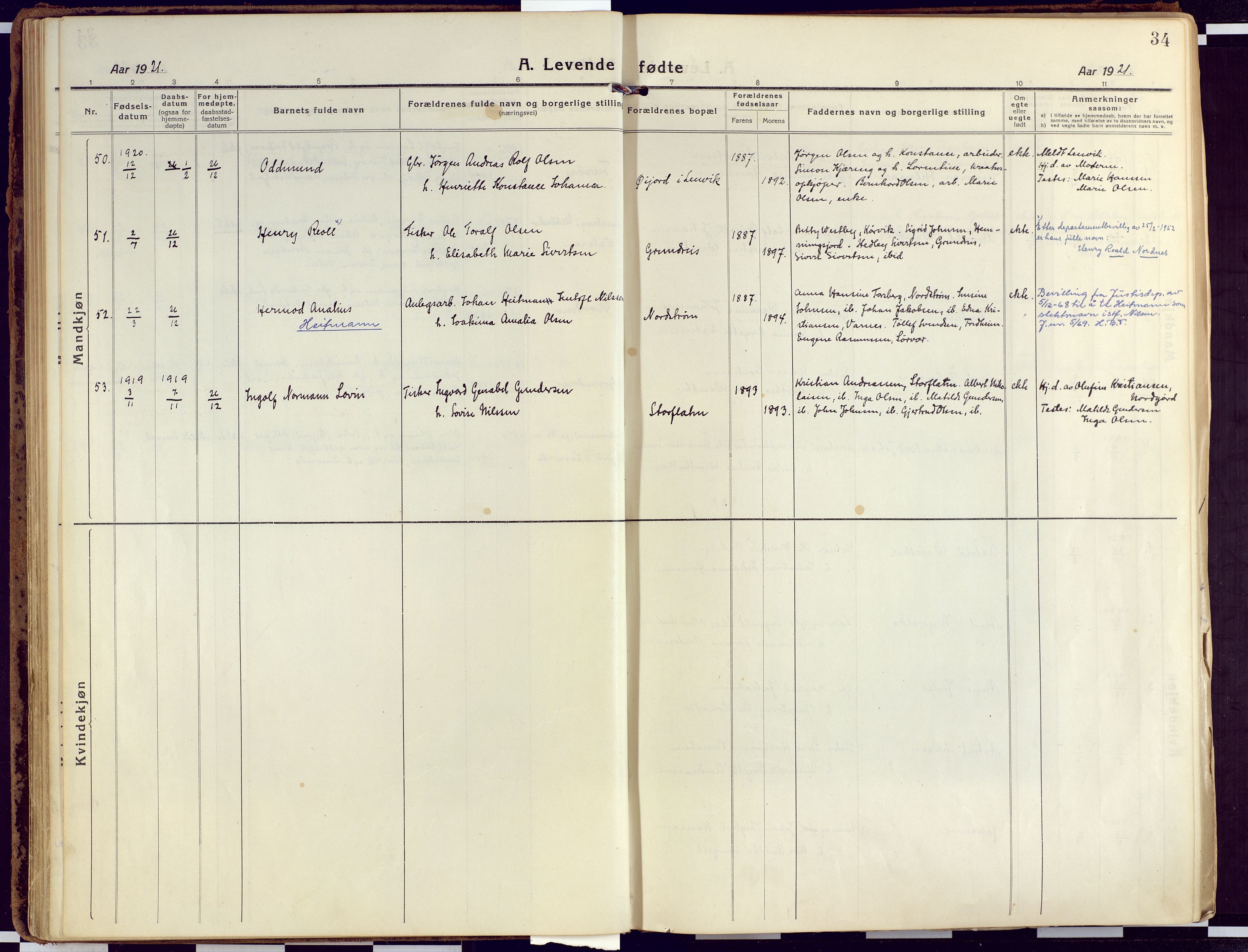 Tranøy sokneprestkontor, AV/SATØ-S-1313/I/Ia/Iaa/L0015kirke: Parish register (official) no. 15, 1919-1928, p. 34