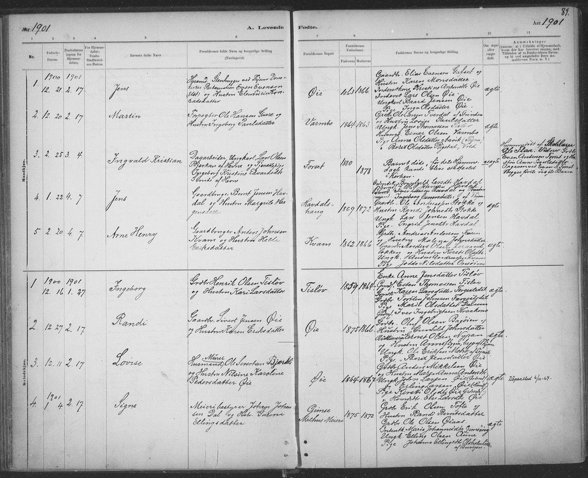 Ministerialprotokoller, klokkerbøker og fødselsregistre - Sør-Trøndelag, SAT/A-1456/691/L1085: Parish register (official) no. 691A17, 1887-1908, p. 89