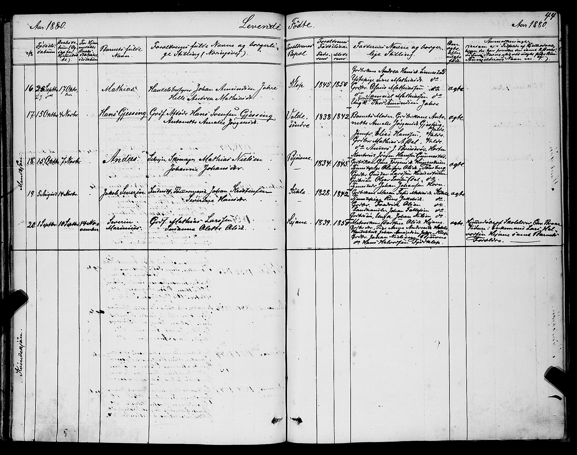 Ramnes kirkebøker, AV/SAKO-A-314/G/Ga/L0003: Parish register (copy) no. I 3, 1870-1896, p. 44