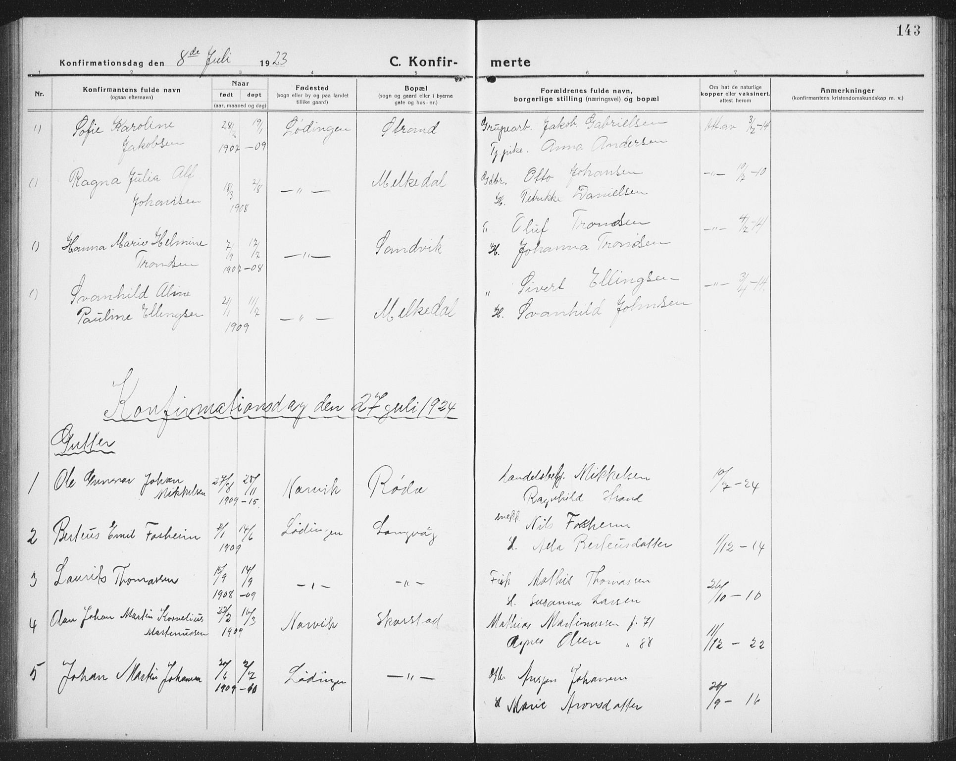 Ministerialprotokoller, klokkerbøker og fødselsregistre - Nordland, AV/SAT-A-1459/872/L1049: Parish register (copy) no. 872C05, 1920-1938, p. 143