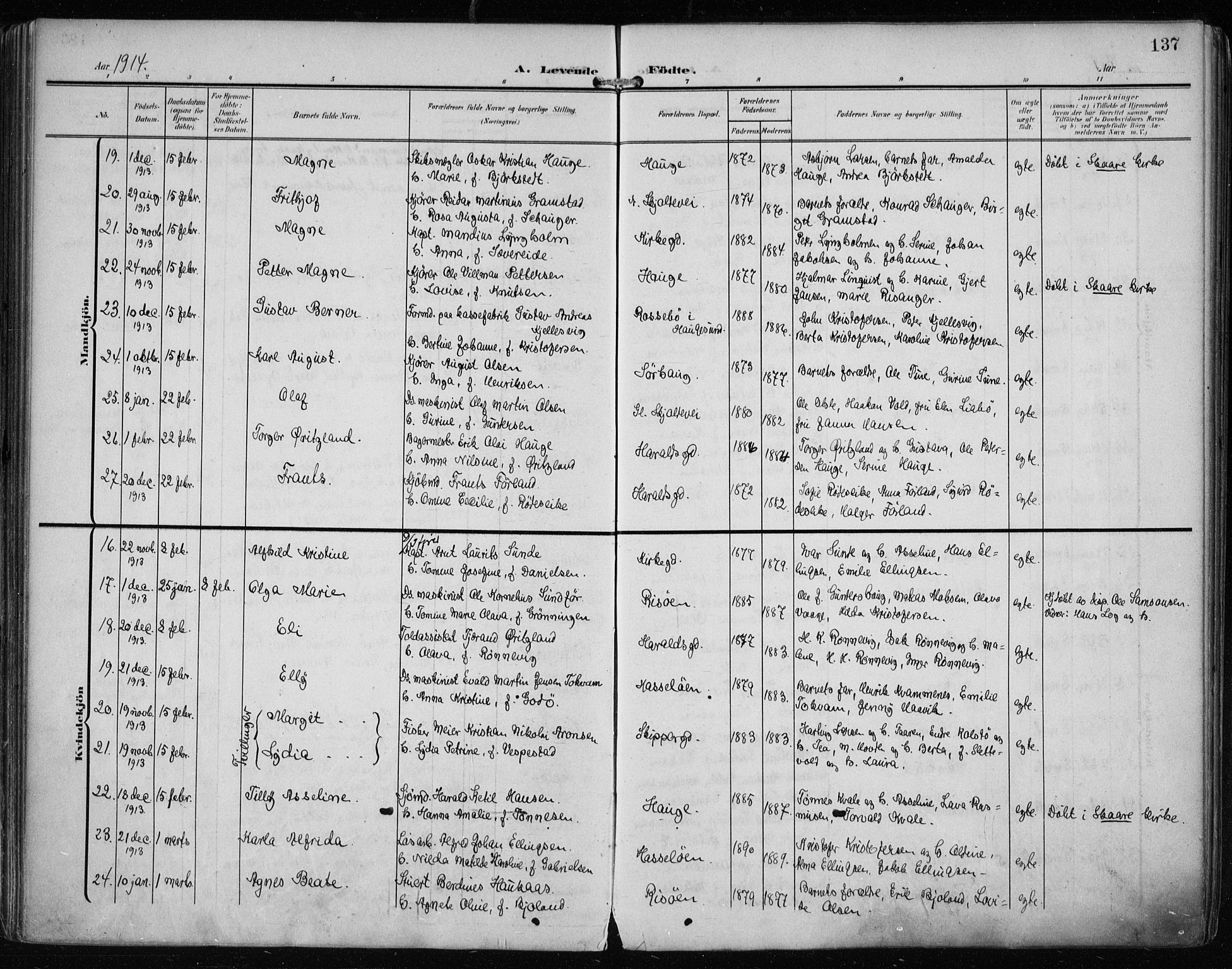 Haugesund sokneprestkontor, AV/SAST-A -101863/H/Ha/Haa/L0008: Parish register (official) no. A 8, 1908-1921, p. 137