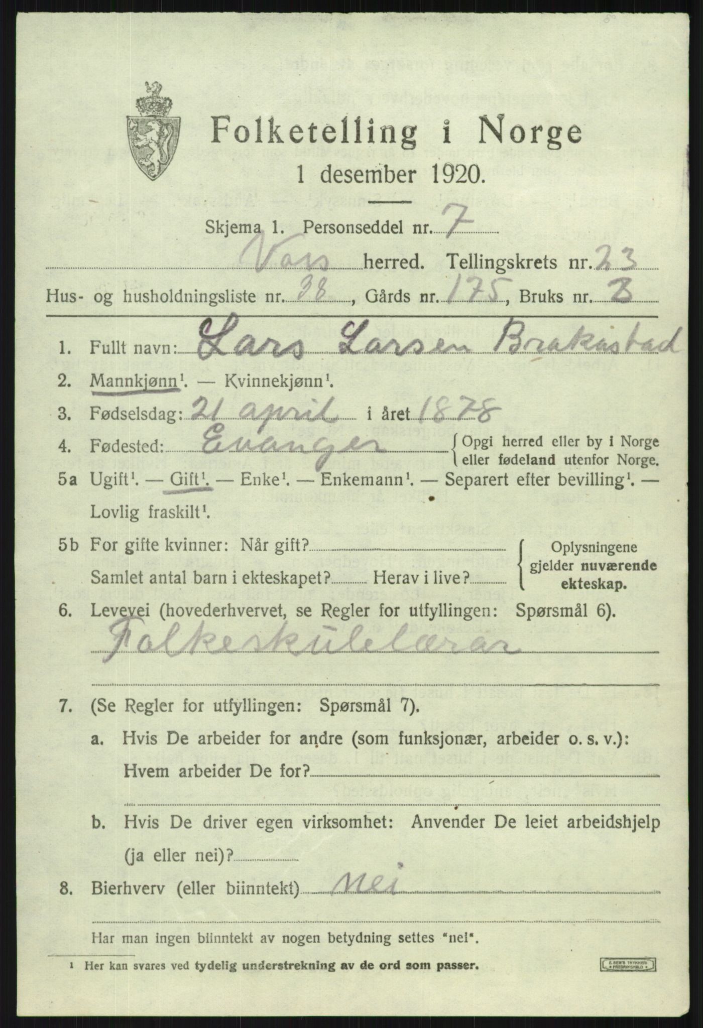 SAB, 1920 census for Voss, 1920, p. 16049