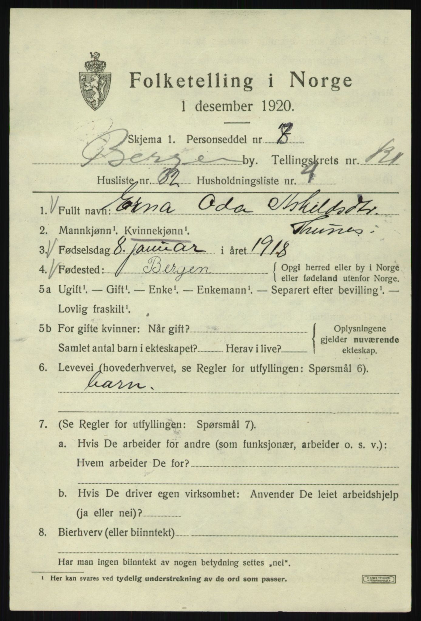 SAB, 1920 census for Bergen, 1920, p. 204370