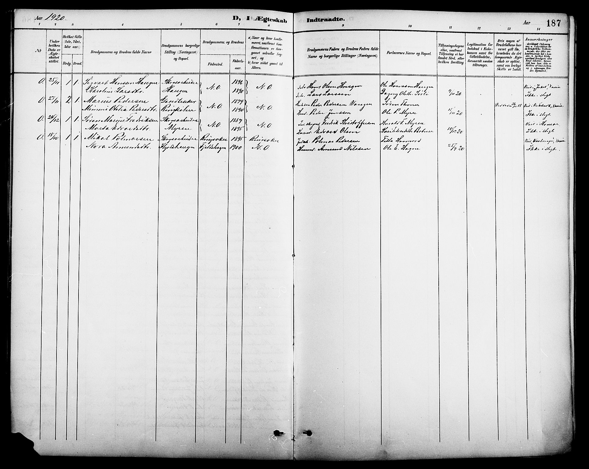 Nord-Odal prestekontor, SAH/PREST-032/H/Ha/Hab/L0002: Parish register (copy) no. 2, 1895-1921, p. 187