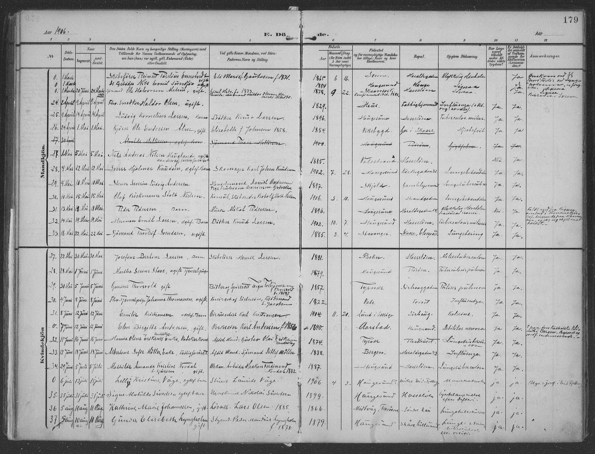 Haugesund sokneprestkontor, SAST/A -101863/H/Ha/Haa/L0007: Parish register (official) no. A 7, 1904-1916, p. 179