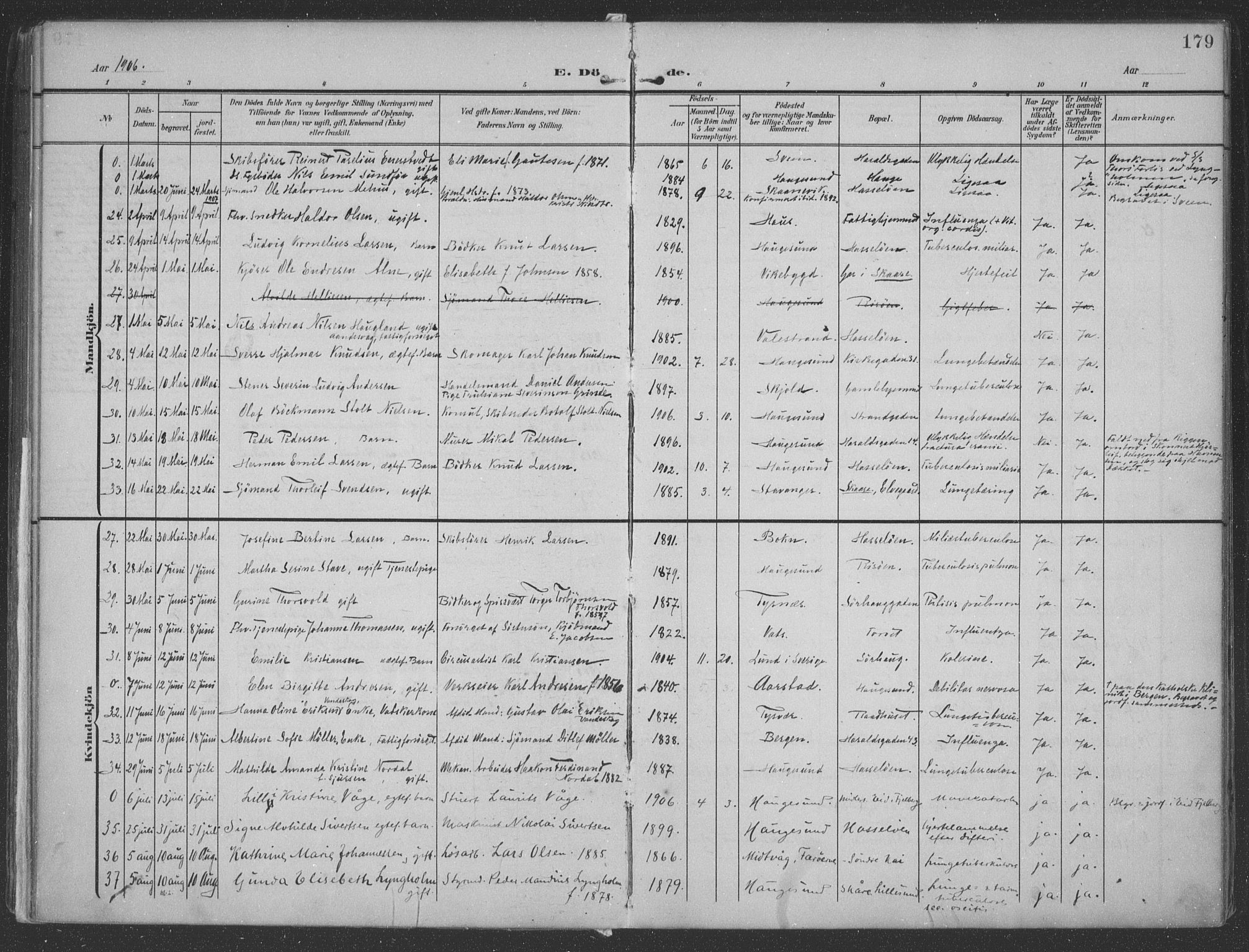 Haugesund sokneprestkontor, AV/SAST-A -101863/H/Ha/Haa/L0007: Parish register (official) no. A 7, 1904-1916, p. 179