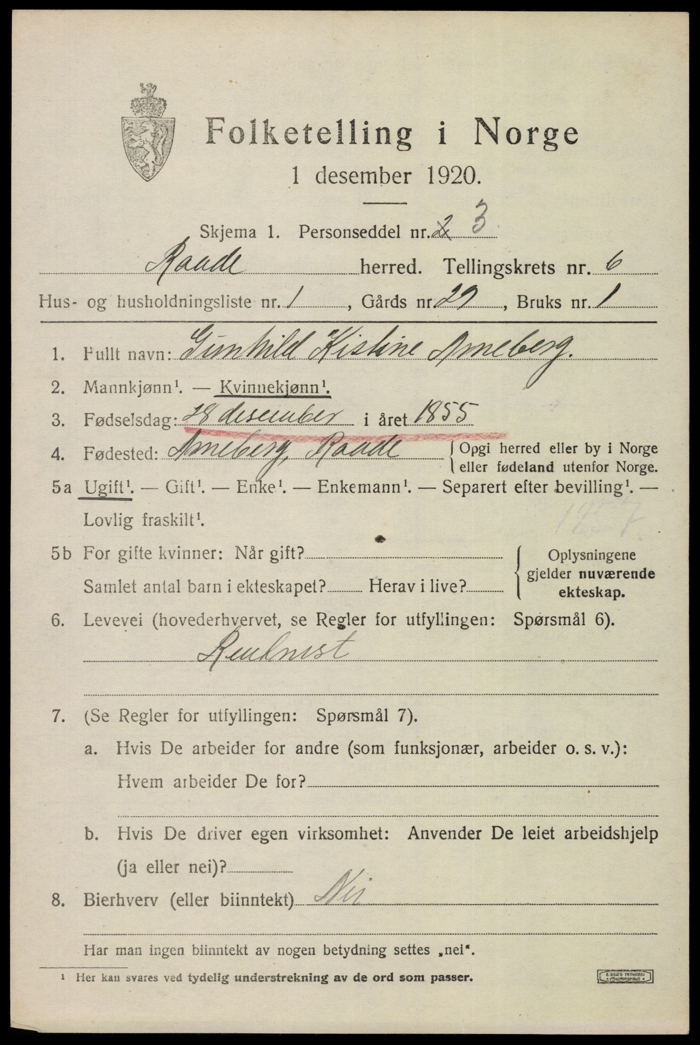 SAO, 1920 census for Råde, 1920, p. 5605