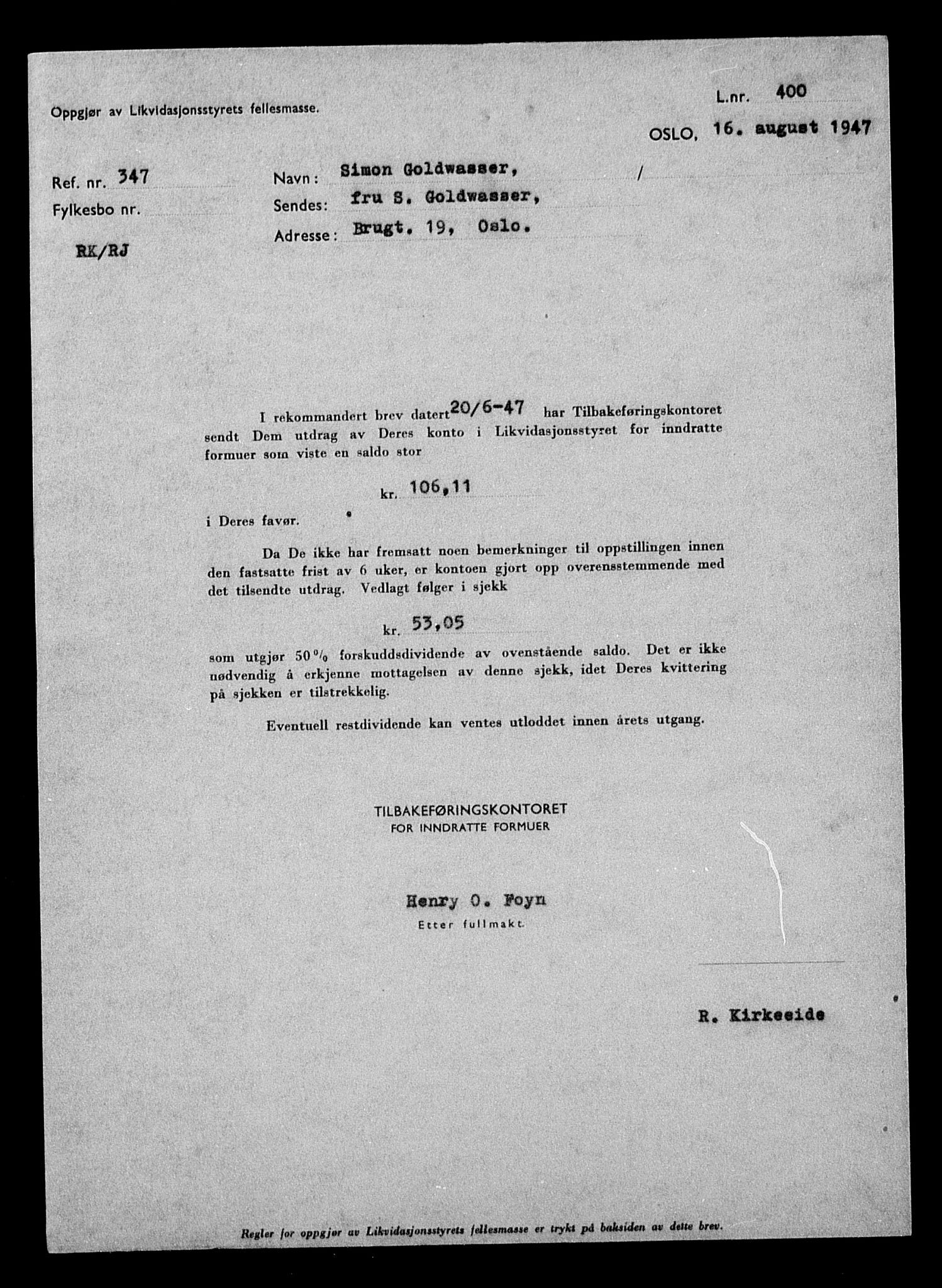 Justisdepartementet, Tilbakeføringskontoret for inndratte formuer, AV/RA-S-1564/H/Hc/Hcc/L0940: --, 1945-1947, p. 4