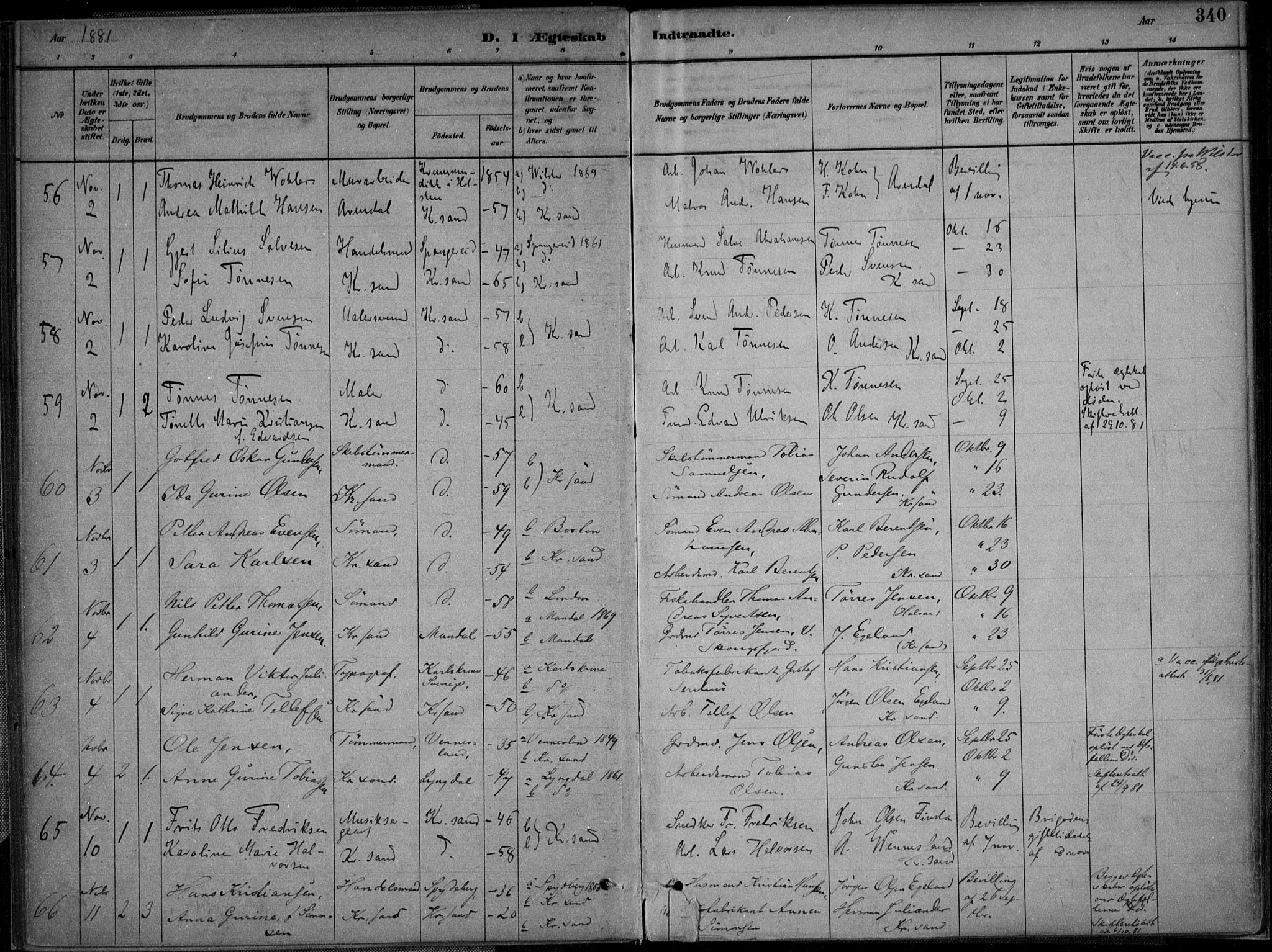 Kristiansand domprosti, AV/SAK-1112-0006/F/Fa/L0017: Parish register (official) no. A 16B, 1880-1890, p. 340