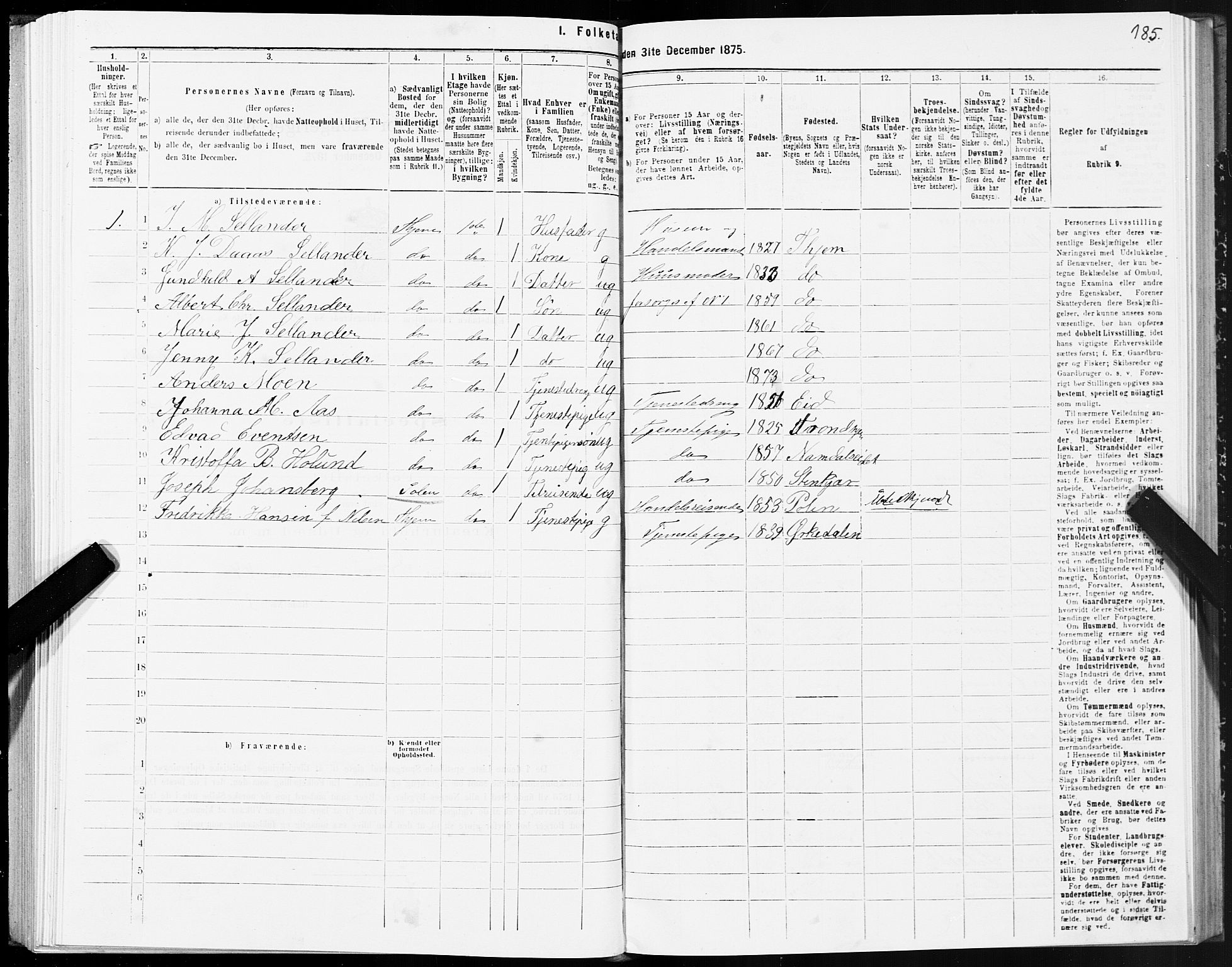 SAT, 1875 census for 1601 Trondheim, 1875, p. 2185