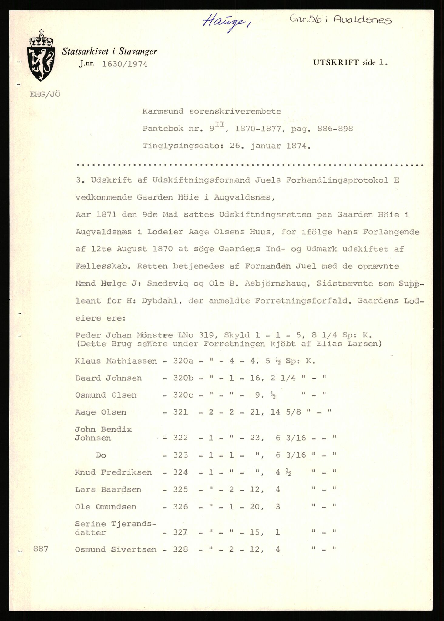 Statsarkivet i Stavanger, SAST/A-101971/03/Y/Yj/L0031: Avskrifter sortert etter gårdsnavn: Harveland - Hauge nedre, 1750-1930, p. 193