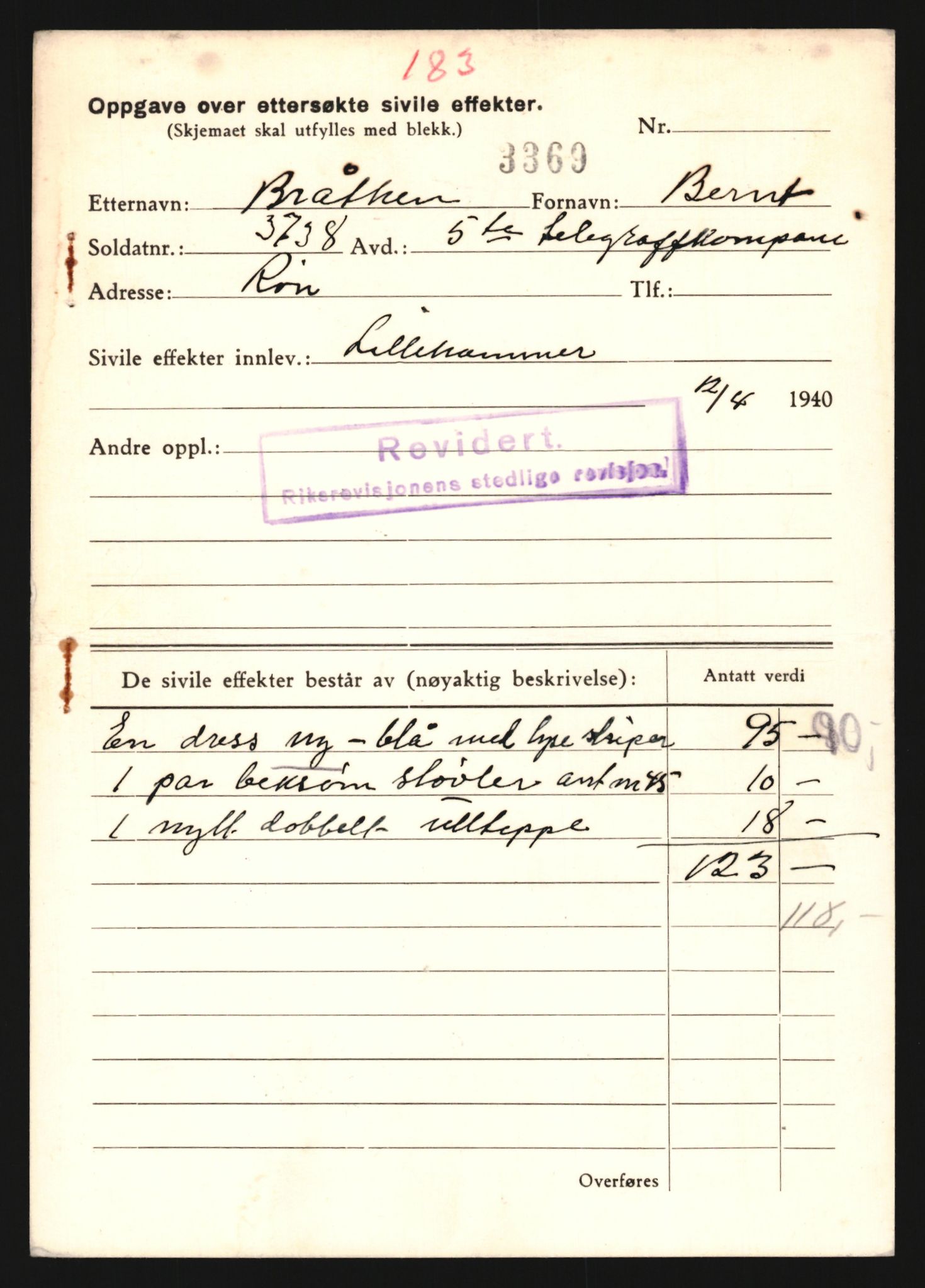 Justisdepartementet, Oppgjørsavdelingen, AV/RA-S-1056/G/Gb/L0011: Oppgaver over ettersøkte sivile effekter. Bråthen, Bernt - Båtevik, Johannes, 1940-1942, p. 3