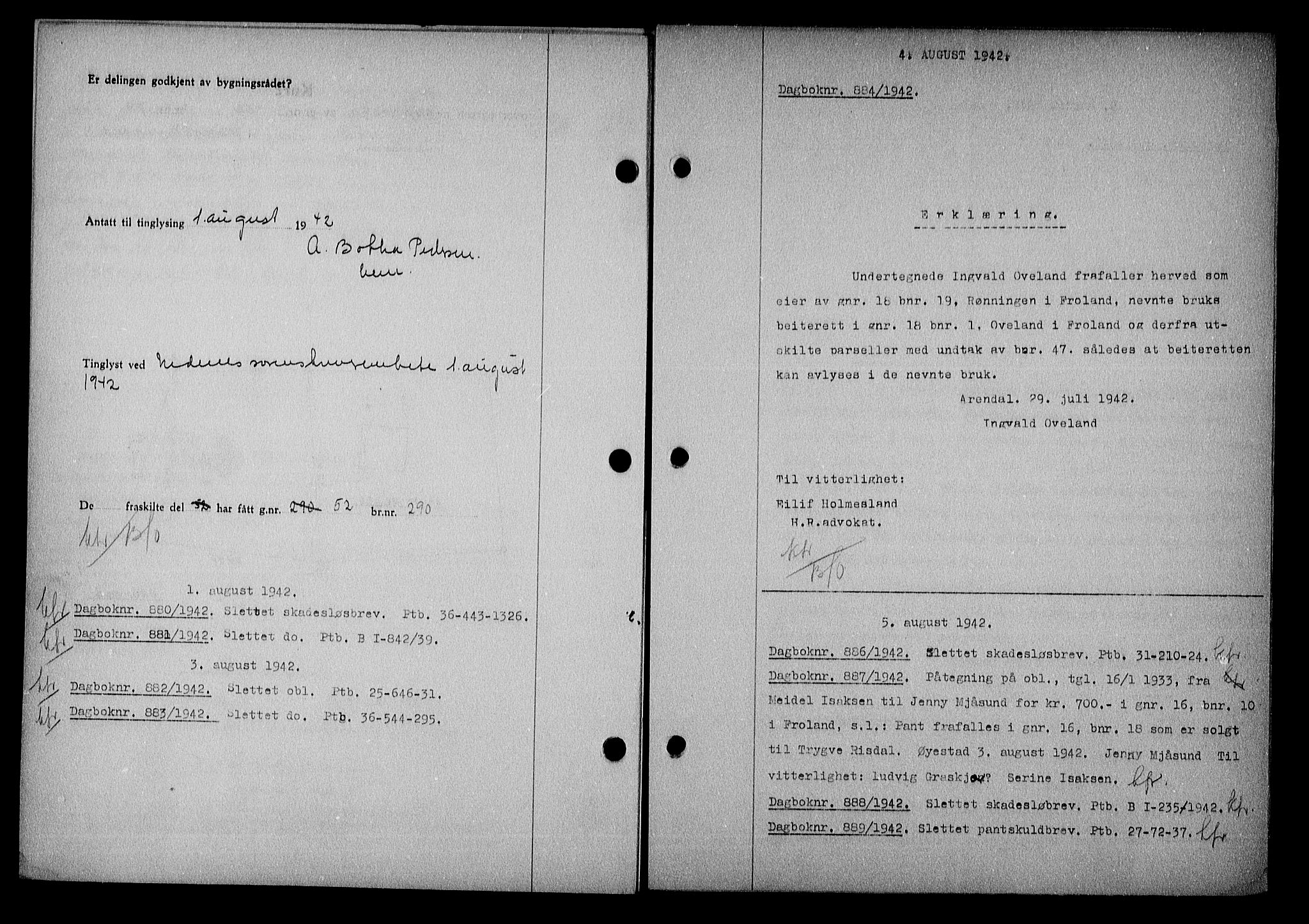 Nedenes sorenskriveri, SAK/1221-0006/G/Gb/Gba/L0049: Mortgage book no. A-III, 1941-1942, Diary no: : 880/1942