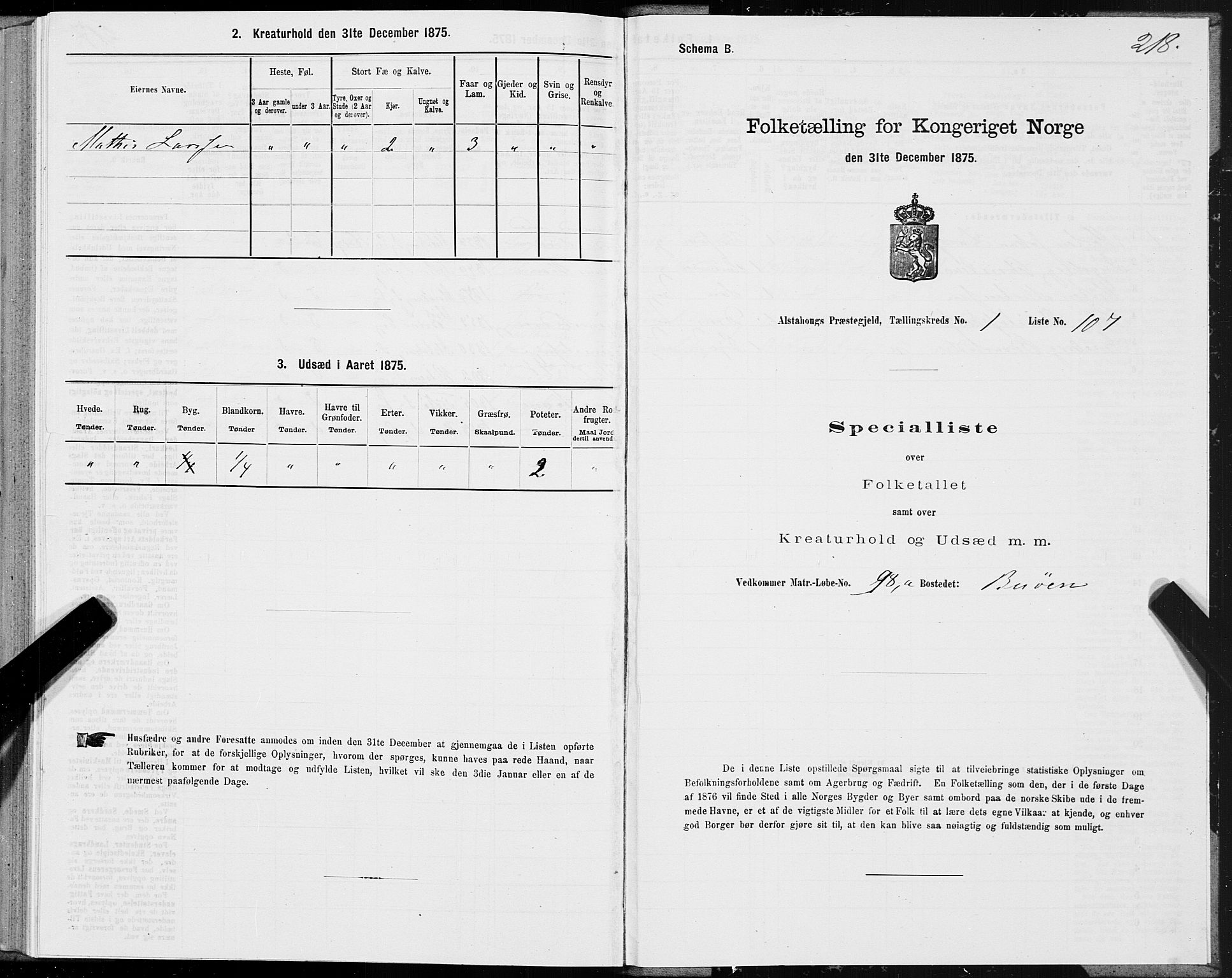 SAT, 1875 census for 1820P Alstahaug, 1875, p. 1218