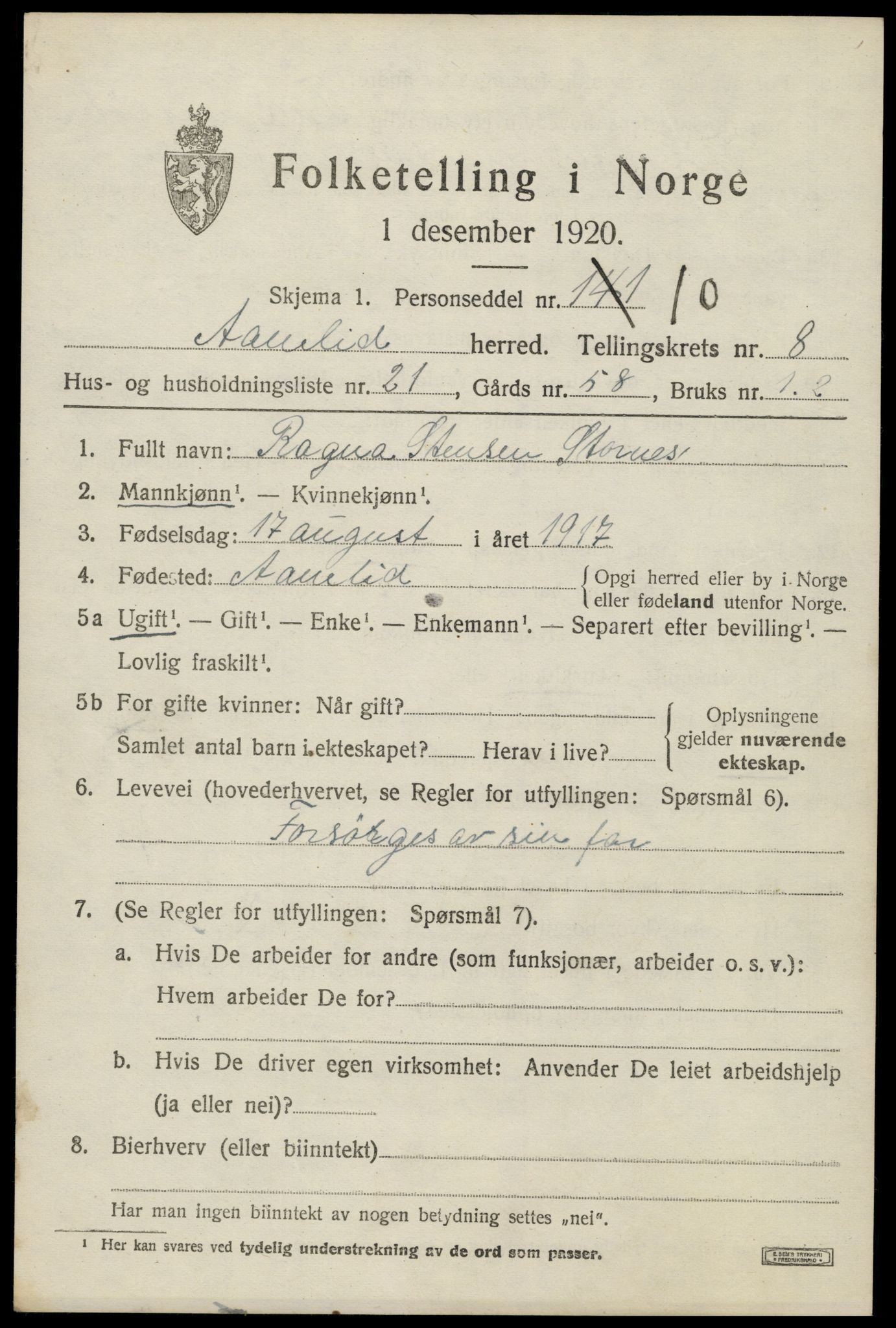 SAK, 1920 census for Åmli, 1920, p. 3467