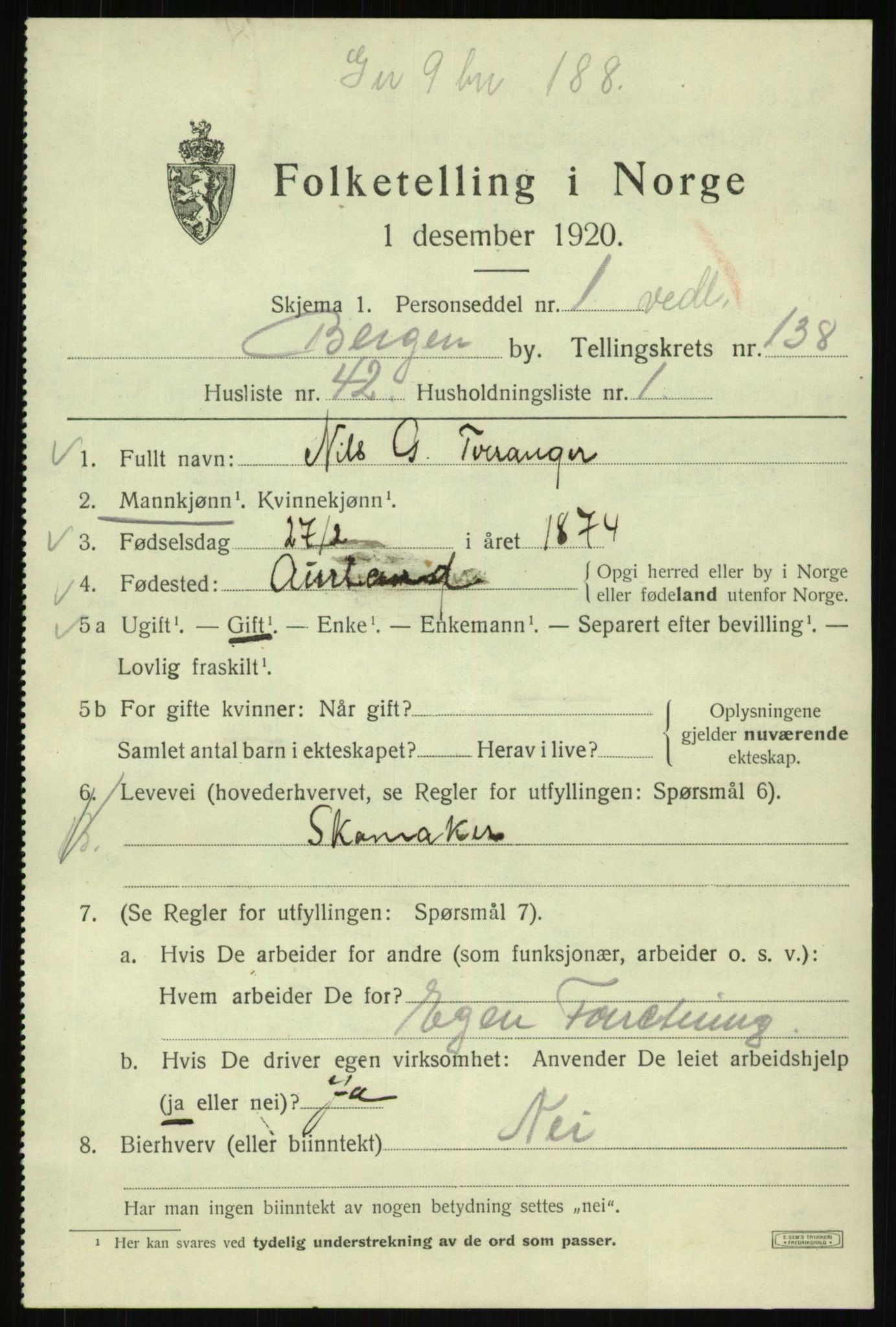 SAB, 1920 census for Bergen, 1920, p. 233820