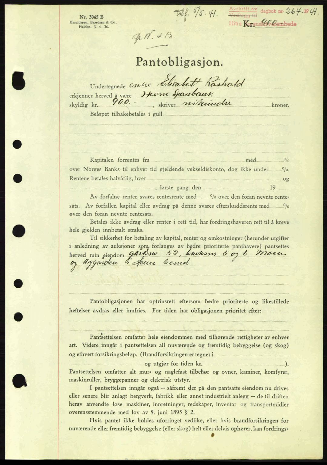 Hitra sorenskriveri, AV/SAT-A-0018/2/2C/2Ca: Mortgage book no. B1, 1939-1945, Diary no: : 264/1941