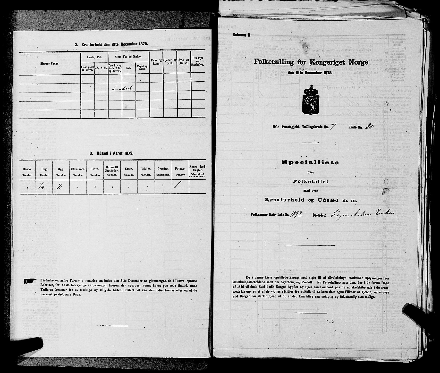 SAKO, 1875 census for 0612P Hole, 1875, p. 1177