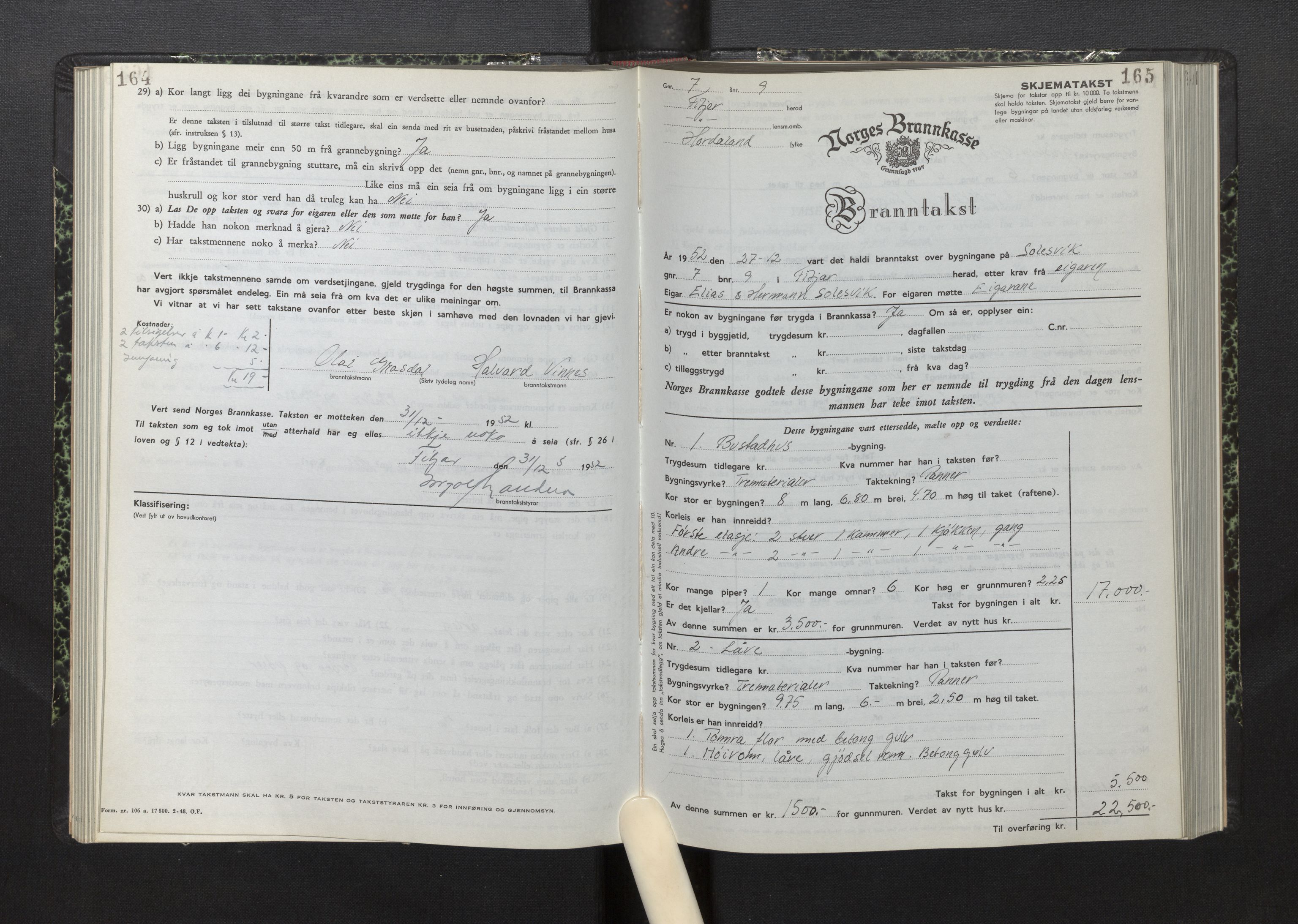 Lensmannen i Fitjar, AV/SAB-A-32001/0012/L0001b: Branntakstprotokoll, skjematakst, 1949-1955, p. 164-165