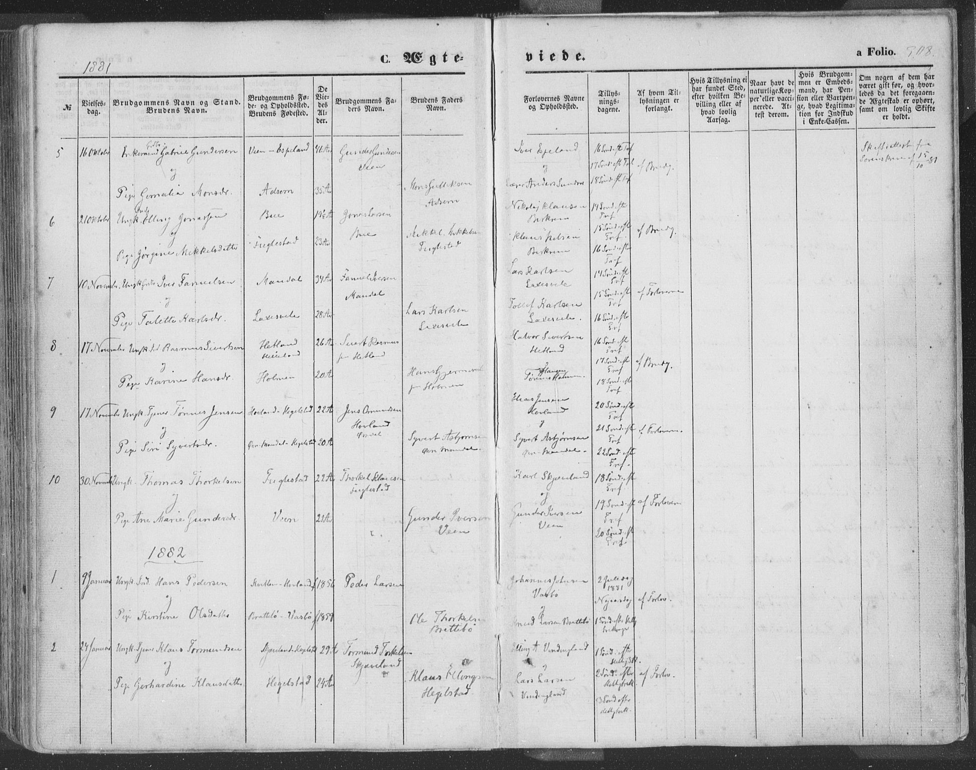 Helleland sokneprestkontor, SAST/A-101810: Parish register (official) no. A 7.1, 1863-1886, p. 308