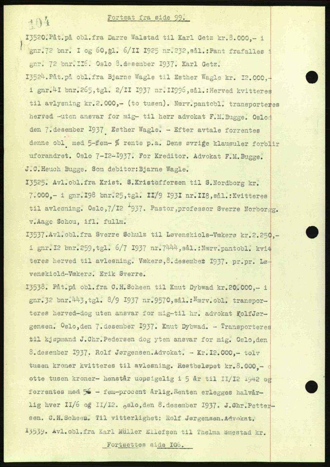 Aker herredsskriveri, SAO/A-10896/G/Gb/Gba/Gbac/L0005: Mortgage book no. B151-152, 1937-1938, Diary no: : 13520/1937