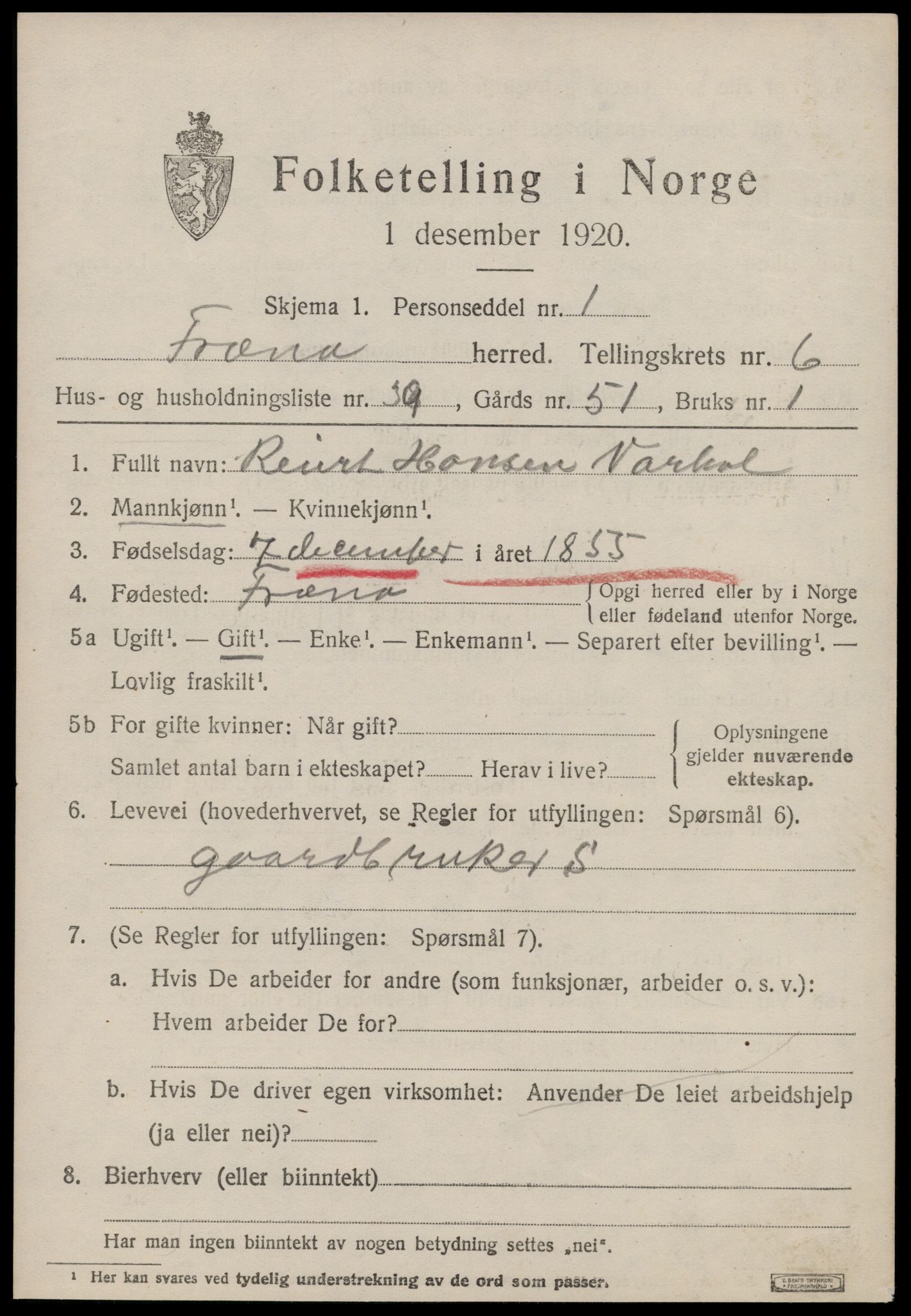 SAT, 1920 census for Fræna, 1920, p. 4509