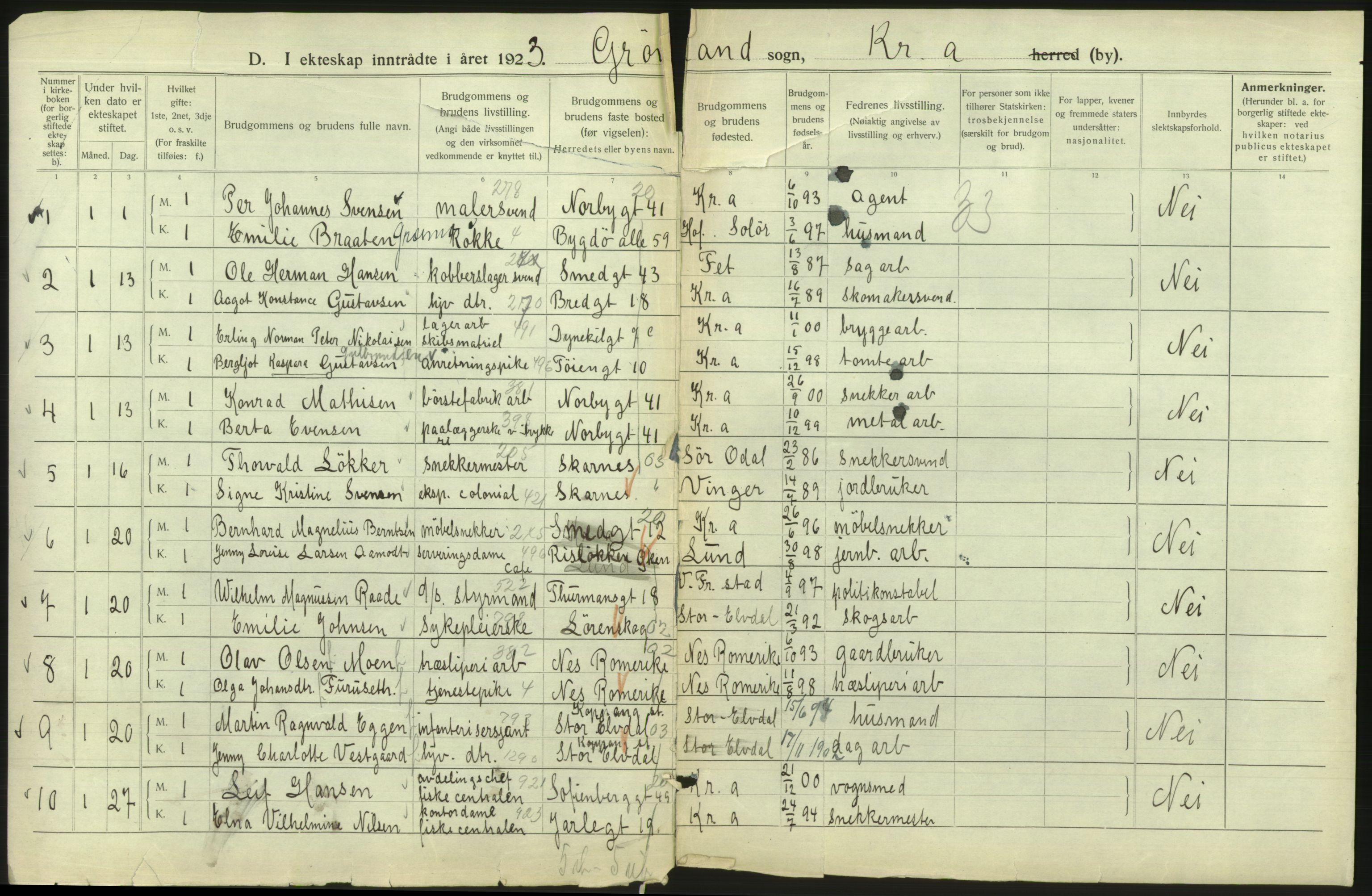 Statistisk sentralbyrå, Sosiodemografiske emner, Befolkning, AV/RA-S-2228/D/Df/Dfc/Dfcc/L0008: Kristiania: Gifte, 1923, p. 772