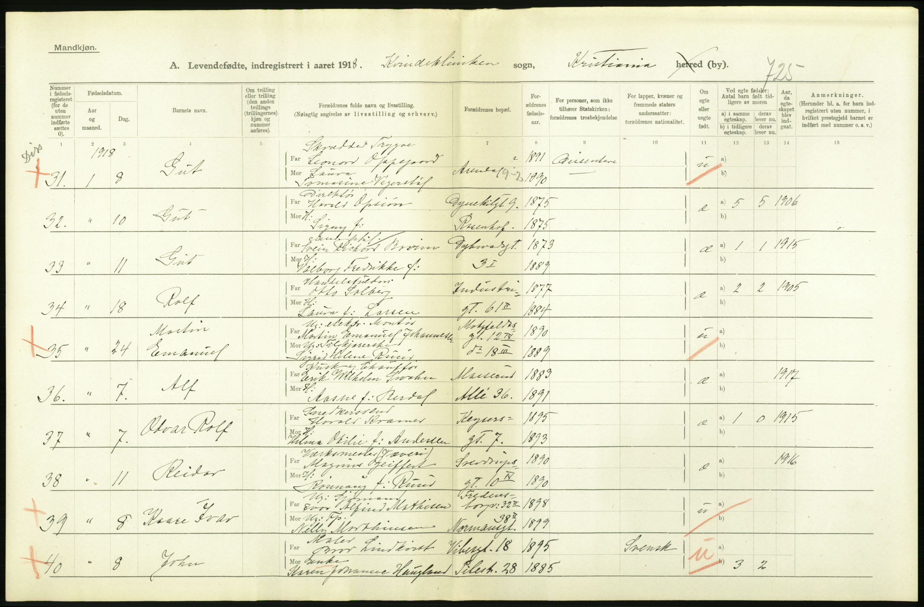 Statistisk sentralbyrå, Sosiodemografiske emner, Befolkning, AV/RA-S-2228/D/Df/Dfb/Dfbh/L0008: Kristiania: Levendefødte menn og kvinner., 1918, p. 396