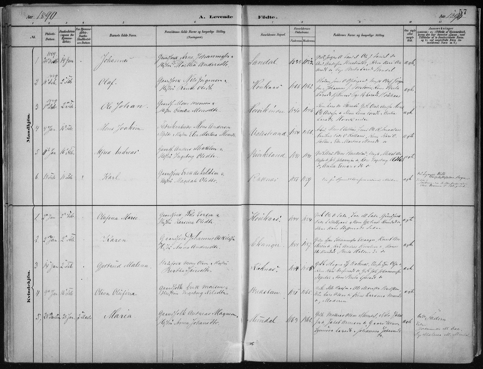 Hamre sokneprestembete, SAB/A-75501/H/Ha/Haa/Haab/L0001: Parish register (official) no. B  1, 1882-1905, p. 57