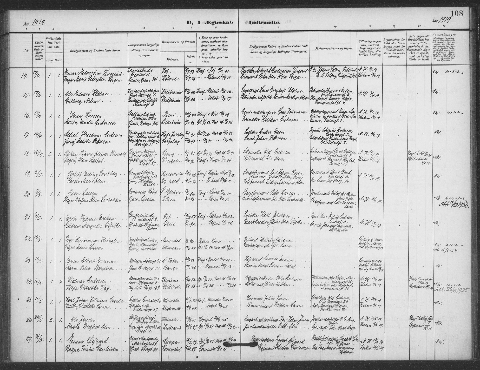 Jakob prestekontor Kirkebøker, AV/SAO-A-10850/F/Fa/L0010: Parish register (official) no. 10, 1908-1922, p. 108