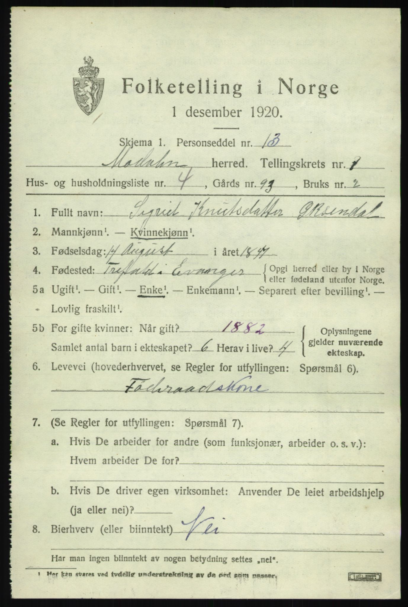 SAB, 1920 census for Modalen, 1920, p. 1452