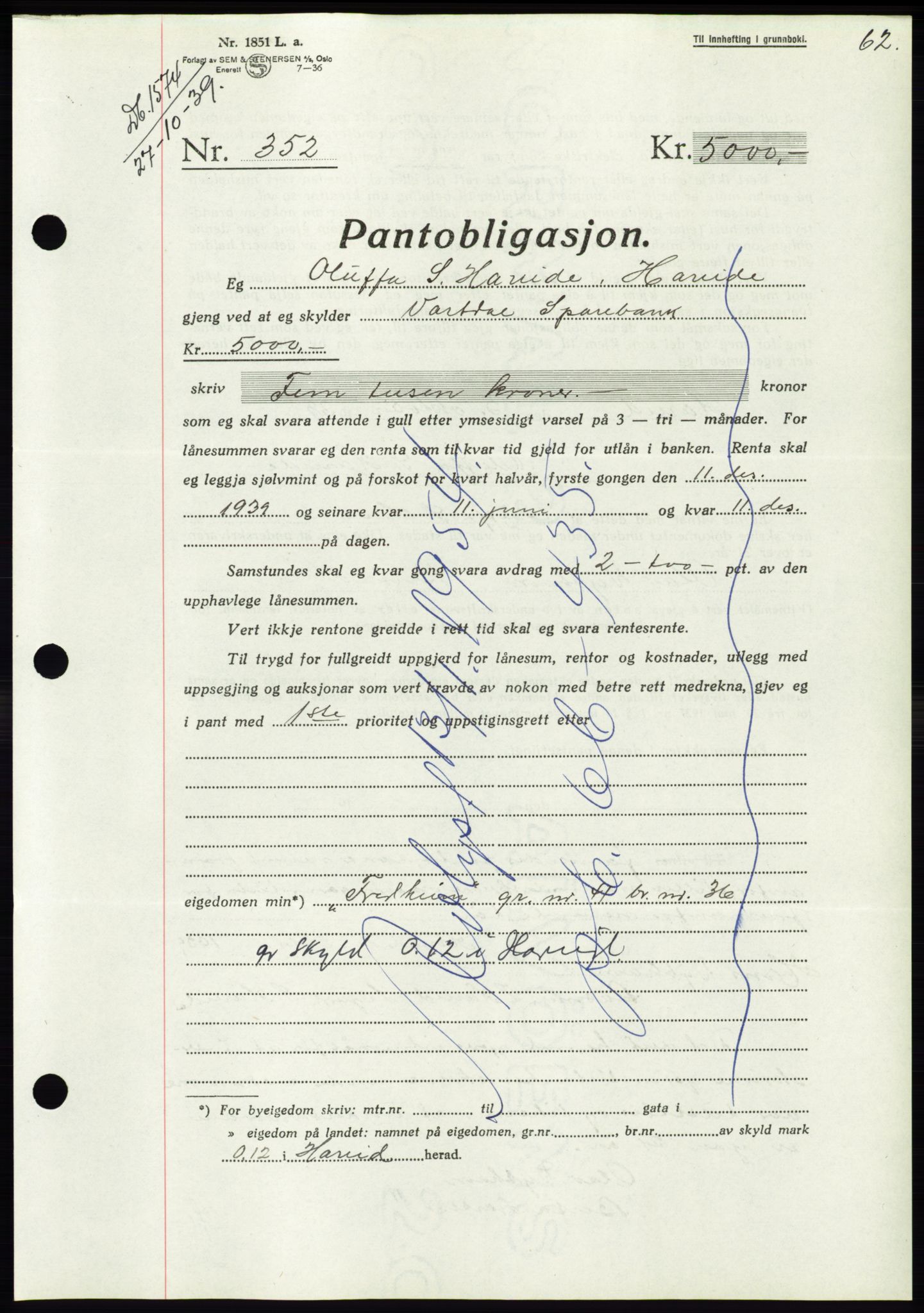 Søre Sunnmøre sorenskriveri, AV/SAT-A-4122/1/2/2C/L0069: Mortgage book no. 63, 1939-1940, Diary no: : 1574/1939