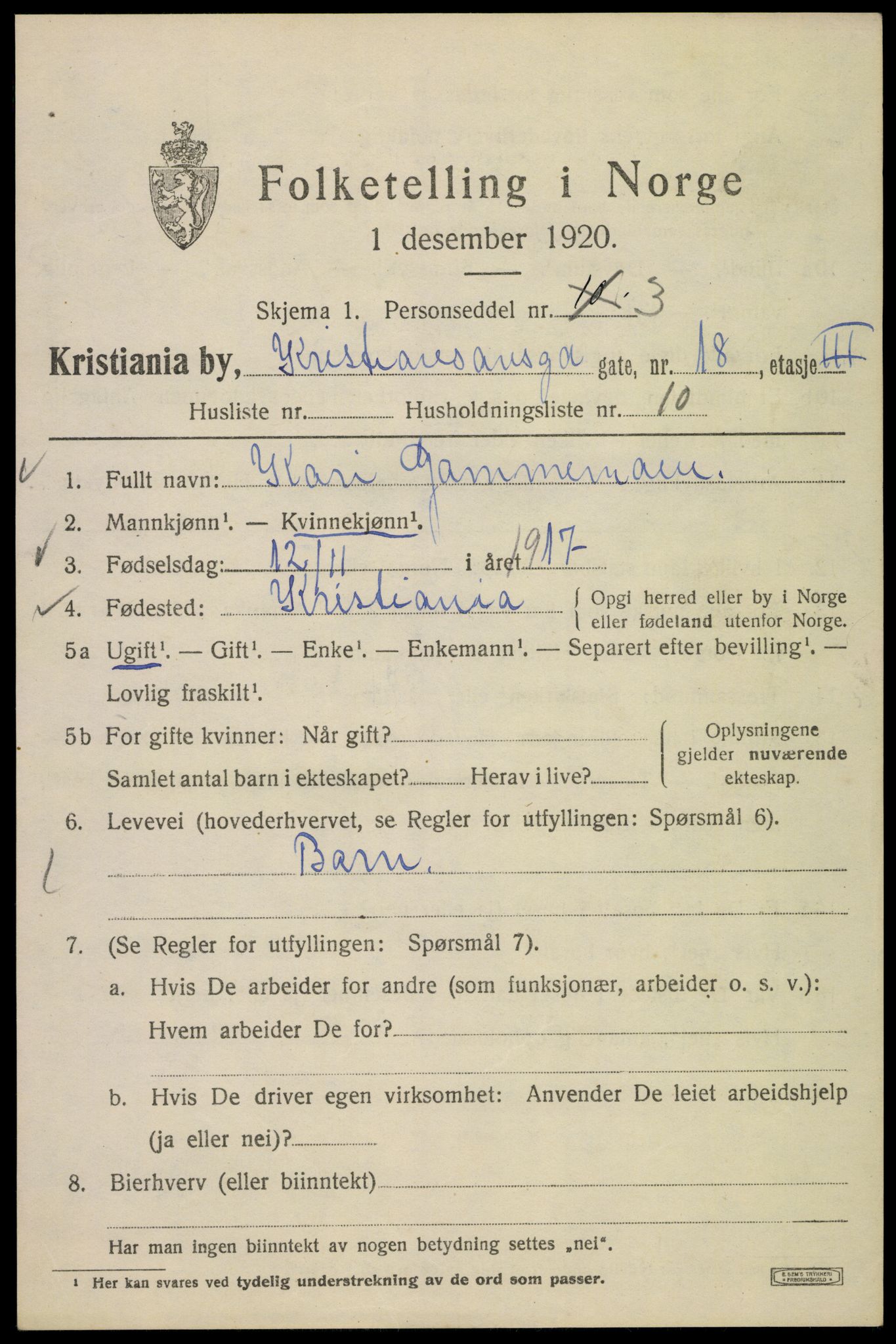 SAO, 1920 census for Kristiania, 1920, p. 353021