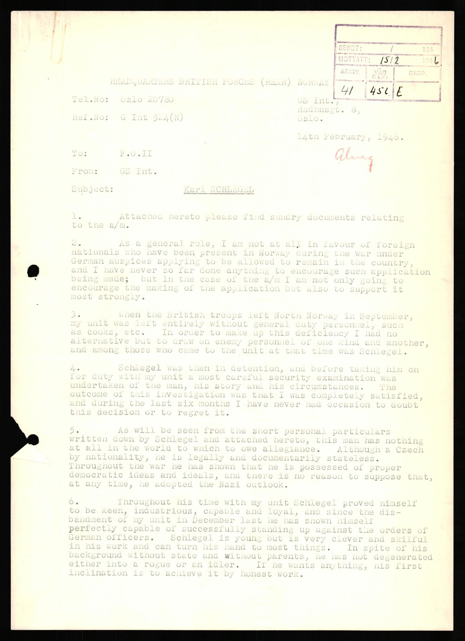 Forsvaret, Forsvarets overkommando II, AV/RA-RAFA-3915/D/Db/L0029: CI Questionaires. Tyske okkupasjonsstyrker i Norge. Tyskere., 1945-1946, p. 246