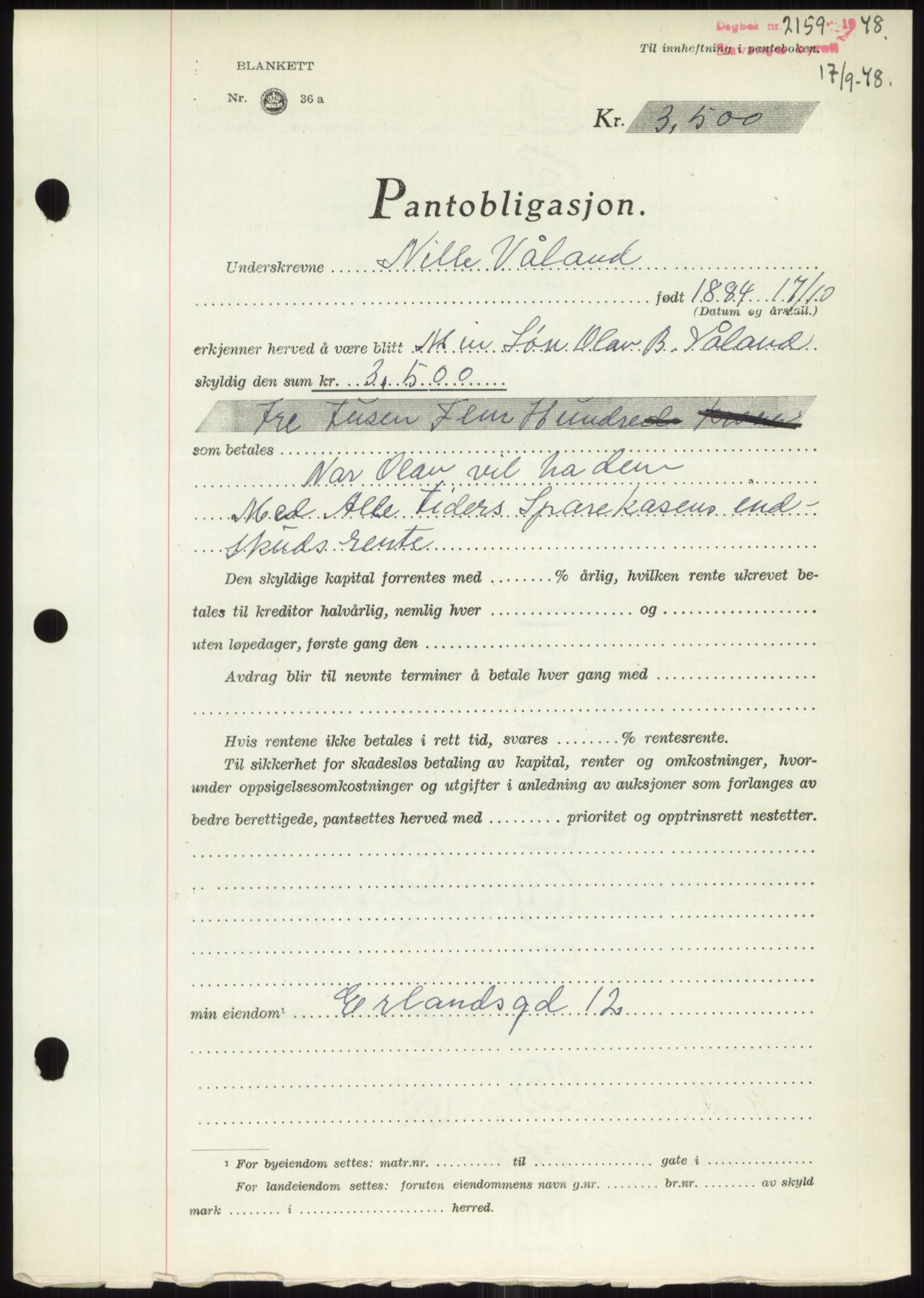 Stavanger byrett, SAST/A-100455/002/G/Gb/L0032: Mortgage book, 1947-1950, Diary no: : 2159/1948