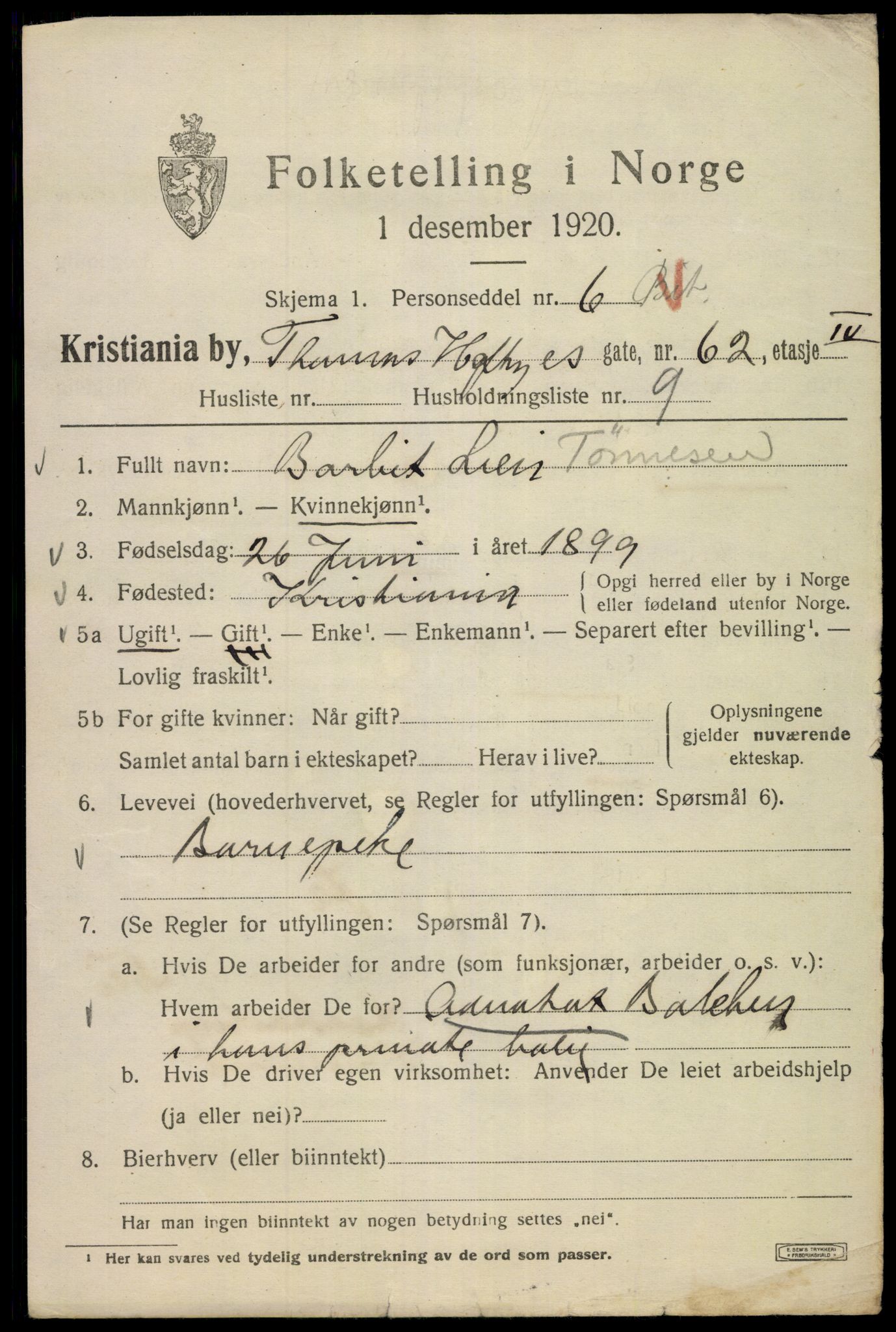 SAO, 1920 census for Kristiania, 1920, p. 573167